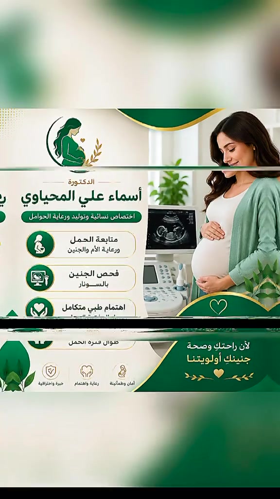 🌷 الدكتورة أسماء عبدالحسين المحياوي 🌷
اختصاص نسائية وتوليد ورعاية الحوامل

نقدم رعاية طبية متكاملة للمرأة في جميع مراحل الحمل، مع متابعة دقيقة لصحة الأم والجنين، وفحص الجنين بالسونار للاطمئنان على نموه وتطوره.

🔹 متابعة الحمل الدورية
🔹 فحص الجنين بالسونار
🔹 استشارات نسائية وتوليد
🔹 رعاية الأم والجنين طوال فترة الحمل

لأن سلامتكم وراحة بالكم هي أولويتنا، نسعى لتقديم أفضل الخدمات الطبية بأجواء مريحة وعناية مميزة.

📍 مجمع جيفارا الطبي
📍 جبلة – شارع الأطباء – مقابل عيادة الدكتور حميد الزيدي
📞 ***********

🌸 أهلاً وسهلاً بكم 🌸

#الدكتورة_أسماء_عبدالحسين_المحياوي
#نسائية_وتوليد
#رعاية_الحوامل
#فحص_الجنين_بالسونار
#جبلة
#جبلة_بابل
#بابل
#بابل_العراق
#نساء_بابل
#حوامل_بابل
#طبيبة_نسائية
#سونار
#متابعة_الحمل
#ولادة
#صحة_المرأة
#مجمع_جيفارا_الطبي
#شارع_الأطباء
#اطباء_بابل
#بنات_بابل
#المحاويل
#الحلة
#العراق
#Jabella
#Babylon
#Babylon_Iraq
#Women_Health
#Pregnancy_Care
#Gynecology
#Obstetrics
#Ultrasoun
