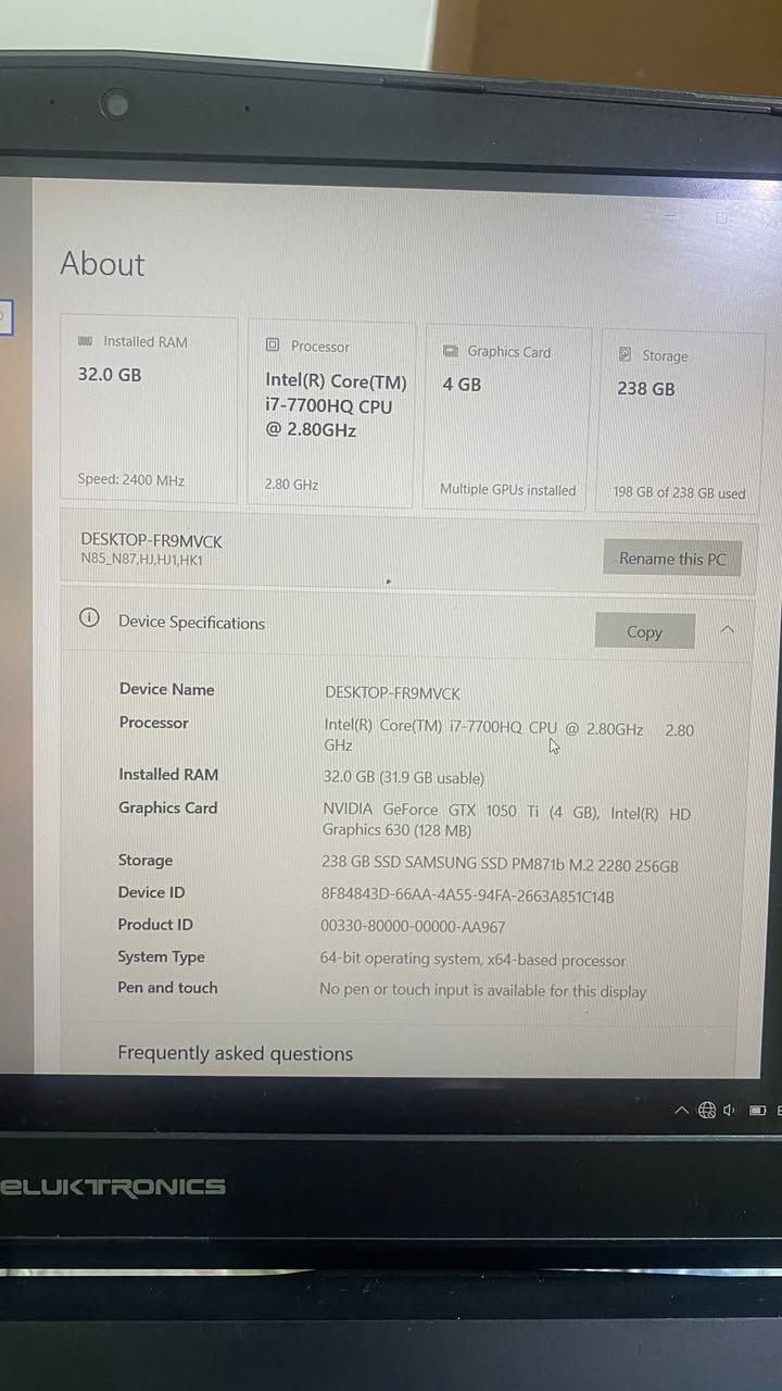 🔥 لابتوب أداء قوي للبيع – فرصة ممتازة 🔥
@

💻 Intel Core i7 جيل سابع – رام 32GB – كرت شاشة GTX

المواصفات:

 • ⚡ المعالج: Intel Core i7-7700HQ

 • ⚡ الرام: 32GB DDR4

 • ⚡ كرت الشاشة: NVIDIA GTX 1050 Ti (4GB)

 • ⚡ التخزين: 256GB SSD M.2 (سريع جداً)

 • ⚡ النظام: Windows 10 Pro أصلي

 • ⚡ نظام 64-bit

🎯 مناسب للبرمجة، التصميم، المونتاج، والألعاب القوية 

 🚀 أداء سريع واستجابة عالية

✅ أداء قوي 

✅ إقلاع سريع بفضل SSD

✅ رام عالية (32GB) نادرة في هذه الفئة
واتساب فقط : ***********
