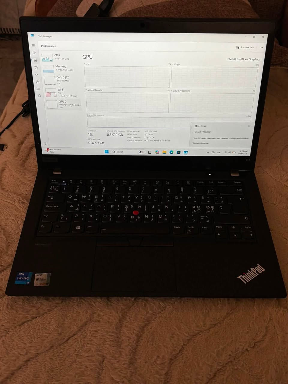 السلام عليكم لينوفو T14للبيع
كوراي 7جيل 11
رامات 16DDR4
الهارد 256SSD 
نظافه كلش عاليه بي بصمه اصبع ووجه 
كرت الشاشه xe 8GB 
حجم الشاشه 14 FHD IPS
***********
