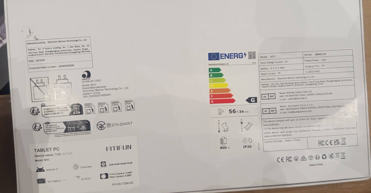 اسم الجهاز: TABLET PC.
الموديل: M10
نظام التشغيل: Android 13.
المواصفات التقنية
المعالج: رباعي النواة (Quad core).
الذاكرة العشوائية (RAM): 4 جيجابايت.
ذاكرة التخزين الداخلية (ROM): 64 جيجابايت.
حجم الشاشة: 10.1 بوصة (بأبعاد 1280*800 بكسل).
الاتصال: يدعم شبكة واي فاي (5G WiFi).
الكاميرا والبطارية
الكاميرا الأمامية: 2.0 ميجابكسل.
الكاميرا الخلفية: 8.0 ميجابكسل.
سعة البطارية: 6000 مللي أمبير (mAh).
مدة الشحن: حوالي 4 ساعات
يعتبر التاب للدراسه 
سعر الجهاز 150,000 الف 
***********
