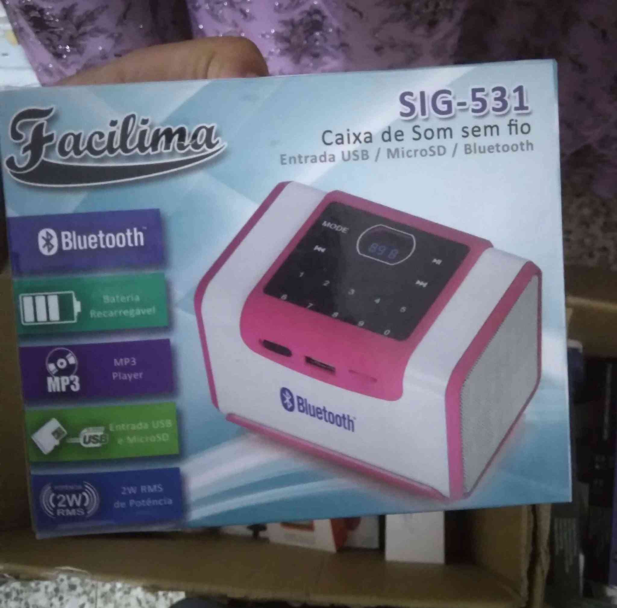 الشركة المصنعة: Facilima.
​الموديل: SIG-531.
​نوع المنتج: Caixa de Som sem fio (مكبر صوت لاسلكي 
​خيارات الاتصال والتشغيل:
راديو شحن 
​تقنية Bluetooth للاقتران اللاسلكي بالأجهزة الذكية.
​مدخل USB لتشغيل الفلاشات.
​مدخل MicroSD لقراءة كروت الذاكرة.
​مشغل ملفات MP3 Player.
​البطارية: Bateria Recarregável (بطارية قابلة لإعادة الشحن).
​القوة الصوتية: بقوة 2W RMS (قدرة الصوت الفعلية).
السعر ٥٠٠٠
يوجد توصيل بغداد, العراق


**إذا كنت صاحب هذا الإعلان وتريد حذفه لأي سبب، رجاءا أرسل رسالة إلى الدعم الفني**