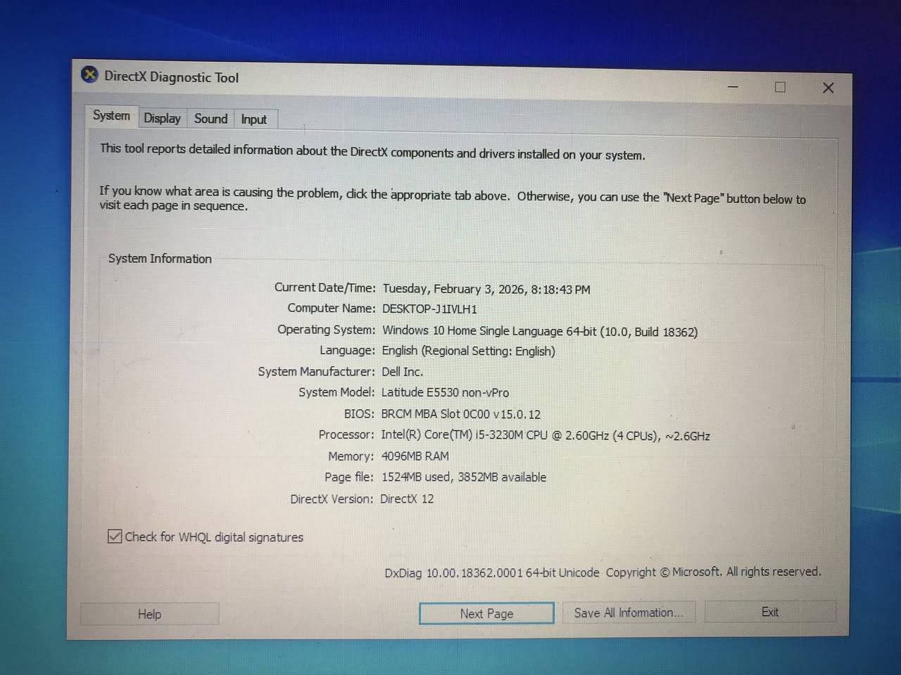 السلام عليكم  لابتوب ديل للبيع
والمعلومات
Dell Latitude E5530
معالج Intel Core i5-3230M (جيل ثالث)
رام 4GB
ويندوز 10

المواصفات 

Computer Name:

DESKTOP-J1IVLH1

Operating System: Windows 10 Home Single Language 64-bit (10.0, Build 18362)

Language:

English (Regional Setting: English)

System Manufacturer:

Dell Inc.

System Model:

Latitude E5530 non-vPro

BIOS: BRCM MBA Slot 0C00 v15.0.12

Processor: Intel(R) Core(TM) i5-3230M CPU @ 2.60GHz (4 CPUs), ~2.6GHz

Memory:

4096MB RAM

Page file: 1524MB used, 3852MB available

 

  
DirectX Version: DirectX 12 ///////////// للاستفسار خاص او الاتصال على رقم *********** مكاني كيثري 
ورجاءا لموشراي لايعلق
