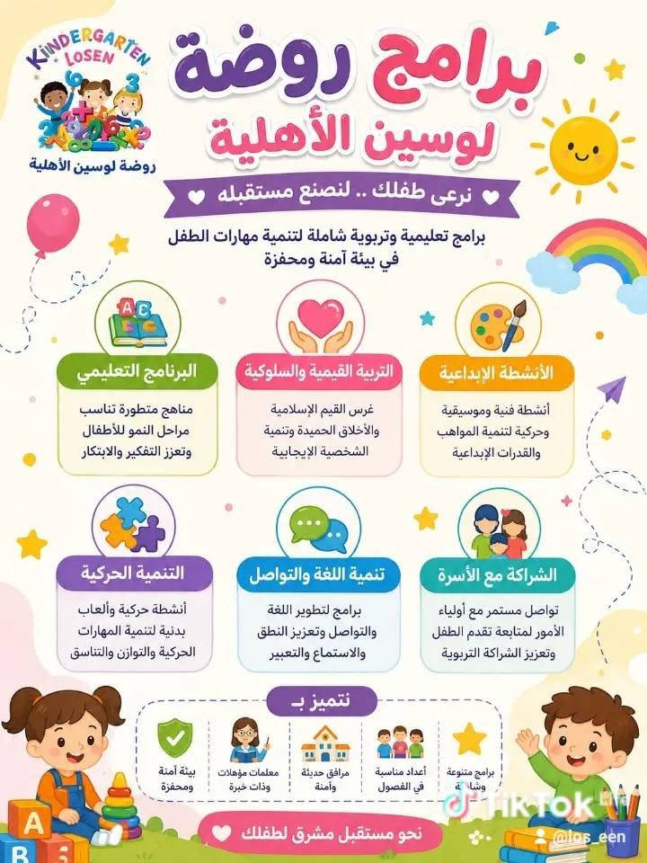 🌸 روضة لوسين الأهلية 🌸
🏊 درس السباحة 
يهدف إلى تنمية المهارات الحركية، وزيادة الثقة بالنفس، وتعليم الأطفال أساسيات السباحة في أجواء آمنة وممتعة، مع تعزيز اللياقة البدنية والتنسيق الحركي.
🥋 برنامج التايكوندو
يساهم في تعزيز اللياقة البدنية، والانضباط، والثقة بالنفس، وتنمية روح التعاون والالتزام لدى الأطفال.
📚 ويستمر تقديم المنهاج التعليمي المتكامل، والذي يشمل: • اللغة العربية
• اللغة الإنجليزية
• اللغة الفرنسية
• اللغة الكردية
• اللغة التركية
• الرياضيات
• العلوم
• الحاسوب
• التربية الإسلامية
• مادة الأخلاق
🌷 في روضة لوسين الأهلية نحرص على توفير بيئة تعليمية متكاملة تجمع بين التعلم، والرياضة، والترفيه الهادف، وتنمية مهارات أطفالنا في بيئة آمنة ومحفزة.
📞 للاستفسار والتسجيل:
***********
