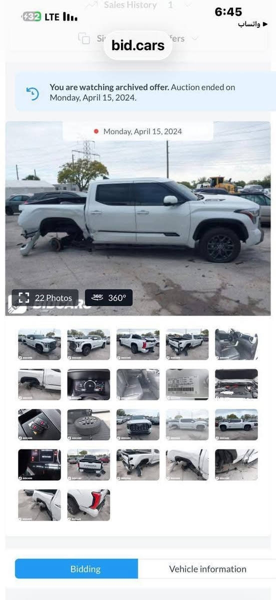 تويوتا تندرا هايبرد بلاتينيوم موديل 2023
ماشية 80 كم
محرك 6 سلندر توين تيربو 437 حصان 
بصمة تشغيل 
كشنات جلد 
بانوراما 
شاشة كبيرة كار بلي واندرويد 
دفع رباعي 
باب خلفي كهربائي 
رادار
صور الحادث مرفقة بالمنشور 
رقم بغداد شرط التحويل 
مكان السيارة بغداد حي المعلمين الامين
رقم تلفون صاحب السيارة 
*********** 
#تويوتا #تندرا
