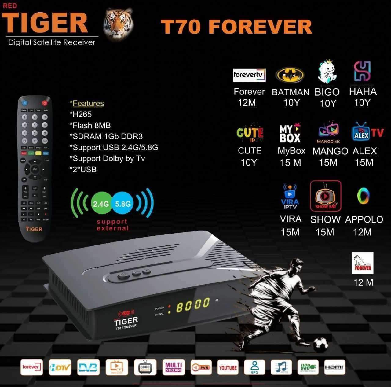 📢🔥 متوفر الآن حصرياً لدى معرض النرجس للستلايت 🔥📢
💎 جهاز T70 Forever Full HD 5G Receiver
🚀 أحدث إصدارات شركة TIGER العملاقة

━━━━━━━━━━━━━━━
⚙️ المواصفات الفنية للجهاز:

✅ معالج قوي GX6621
✅ ذاكرة فلاش 8MB + رام 1GB DDR3 عالية السرعة
✅ دعم HEVC H.265 لضمان أفضل جودة صورة وصوت
✅ واي فاي الجيل الخامس WiFi 2.4G + 5.8G
✅ دعم القنوات 3D + DVB-S / DVB-S2 / H265
✅ تونير قوي لتضخيم الإشارات الضعيفة
✅ سيرفر FOREVER مجاناً لمدة 12 شهر
✅ سيرفر APOLLO-IPTV مجاناً لمدة 12 شهر
✅ دعم iPTV – G-VOD – STALKER – XTREAM – YouTube
✅ تخزين حتى 8000 قناة تلفزيون وراديو
✅ مخرجات HDMI + AV + منفذين USB
✅ لوحة تحكم حديثة + دعم أزرار تحكم على الجهاز
✅ دعم كامل للـ C-Band / Ku-Band و DiSEqC 1.0 / 1.1 / 1.2 / 1.3
✅ دعم بروتوكولات المشاركة مثل Sisycom و Newcom
✅ دعم أنظمة التشفير الجديدة (BISS – DCW – Tandberg – PowerView)
✅ بحث متقدم + بحث أعمى + بحث شبكة
✅ دعم الترجمة العربية وخيارات تعديل مميزة
✅ دولبي Dolby لصوت سينمائي احترافي

━━━━━━━━━━━━━━━
🎁 الاشتراكات المجانية المرفقة مع الجهاز:

1️⃣ FOREVER – 12 شهر
2️⃣ BATMAN – 10 سنوات
3️⃣ BIGO – 10 سنوات
4️⃣ HAHA – 10 سنوات
5️⃣ CUTE – 10 سنوات
6️⃣ MY BOX – 15 شهر
7️⃣ MANGA – 15 شهر
8️⃣ ALEX – 15 شهر
9️⃣ VIRA – 15 شهر
🔟 ShowSat – 15 شهر
1️⃣1️⃣ APOLLO – 12 شهر

💠 بالإضافة إلى سيرفر شيرنج FOREVER لمدة 12 شهر

━━━━━━━━━━━━━━━
🚚 يتوفر خدمة توصيل لجميع محافظات العراق
📞 للطلب والاستفسار حصراً: ***********

✨ معرض النرجس… ثقة وجودة لا تُقارن ✨
