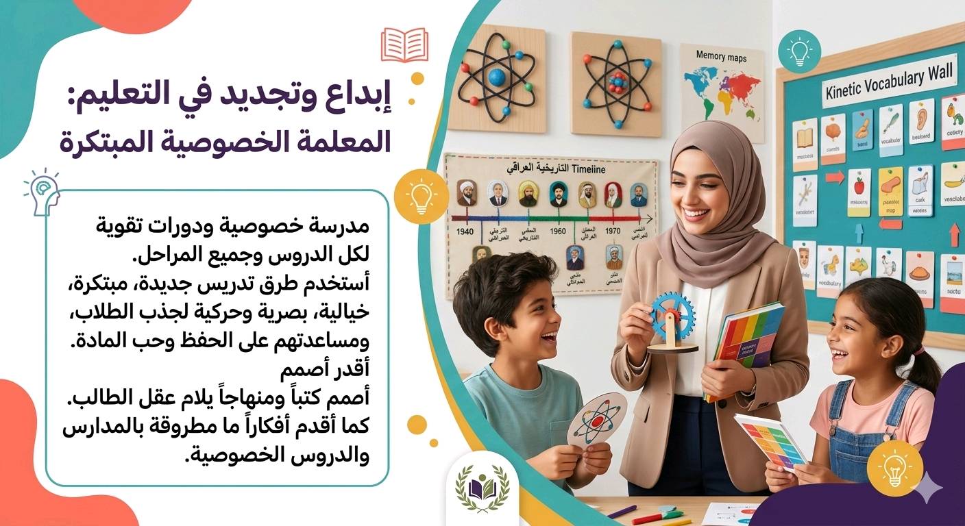 يسعدني أن أقدم لكم رؤيتي التعليمية الحديثة والمبتكرة التي تخرج عن نطاق المناهج المعتادة في المدارس والمعاهد:
​📚 مجالات التميز:
​المرحلة الابتدائية والمتوسطة: تقديم كافة المواد الدراسية بأسلوب يربط المادة بالواقع، مما يحول الدراسة من واجب ثقيل إلى شغف يومي.
​السادس العلمي (التربية الإسلامية وعلم الأحياء): متخصصون في تحويل هاتين المادتين إلى تجربة تفاعلية مليئة بالخيال والربط المنطقي.
​✨ ما الذي يجعل طريقتي مختلفة وغير مطروقة؟
​التعلم القائم على الخيال والذكاء البصري: لا أعتمد على السرد النظري، بل أصمم محاضرات تعتمد على الخرائط الذهنية التفاعلية، والربط بالواقع المحسوس، مما يرسخ المعلومة في الذهن للأبد.
​تصميم مناهج خاصة: أقوم بابتكار كتب وملازم دراسية مصممة خصيصاً بأسلوب بصري مريح وواضح، يسهل على الطالب استيعاب أصعب النقاط العلمية بعيداً عن حشو النصوص.
​أسلوب تفاعلي: أستخدم تقنيات حديثة في التدريس تجعل الطالب هو محور العملية التعليمية، حيث ننمي مهارات التفكير النقدي والإبداع بدلاً من الاعتماد على الحفظ الصم.
​💡 أهدافي:
أن أقدم للطالب العراقي تجربة تعليمية تضاهي الأنظمة العالمية، حيث ندمج بين حداثة المنهج وذكاء التوصيل، لنصنع جيلاً لا يكتفي بالنجاح في الامتحانات فقط، بل يمتلك أدوات الفهم والابتكار مدى الحياة.