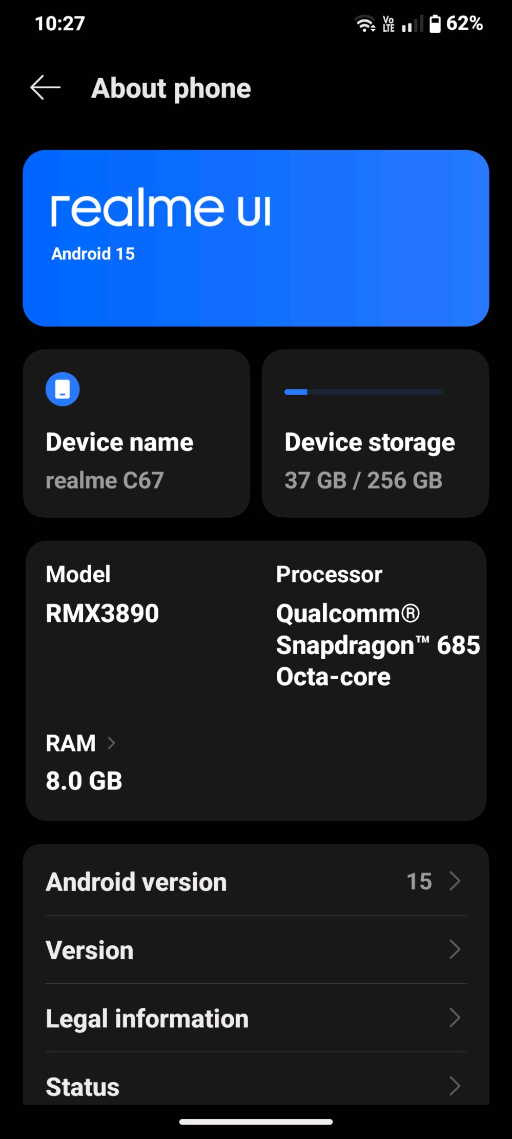 ريلمي C67
جهاز اخو الجديد 
ذاكرة 256 
معالج سناب دراگن 685 
بطارية 5000
بدون ملحقات 
سعره 130 
ناصرية مركز ***********
