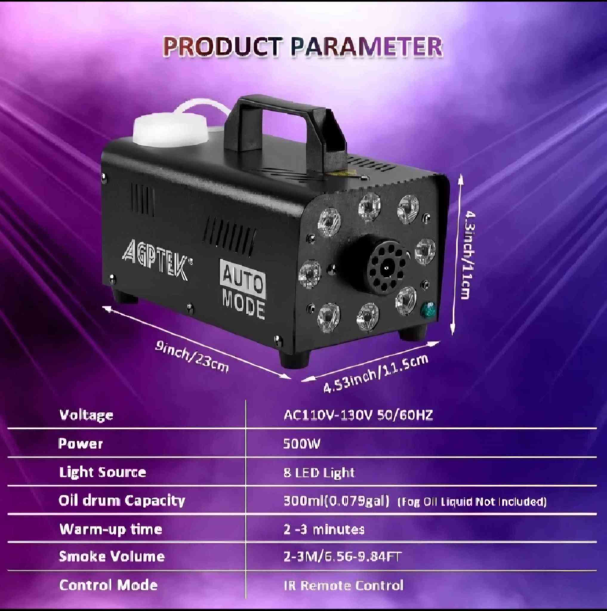 • EASY TO USE: The wattage of the machine with liaht is 500W., together with a wireless remote control. Therefore, you can directly control the fog machine with this wireless remote control in an easy way, which is definitely turned out to be way convenient and practical.
• EFFECTIVE FOG SPRAY: The output power is about 2000 CFM ( cubic feet/min) and the distance is 2-3m. [ Note: You need to keep pressing the button on the remote control to continue to create smoke. It will spray for about 20 seconds, then stop spraving and warm up again. Each warm-up time takes 3-5 minutes.)
• H-Q MATERIAL: This fog machine is made of hiah quality metal materials not easy to corroded, liaht enough to be carried around and durable in use.
• ACTIVATED LED LIGHT DESIGN: This fog machine with remote comes with an activated colorful light effect and only in this way, it can enhance the festival atmosphere and also make people feel romantic especially in wedding ceremony. Please note that the LED liaht will be lit up while the foa machine is working.
• PACKAGE INCLUDES: The package contains 1 * Fog Machine; 1 * Wireless Remote Control; 1 * Power Supply Cord: 1 * Handle; 2 * Screws; 1 *User Manual. Besides it also comes with one year warranty guarantee and friendly customer service. أربيل, العراق


**إذا كنت صاحب هذا الإعلان وتريد حذفه لأي سبب، رجاءا أرسل رسالة إلى الدعم الفني**