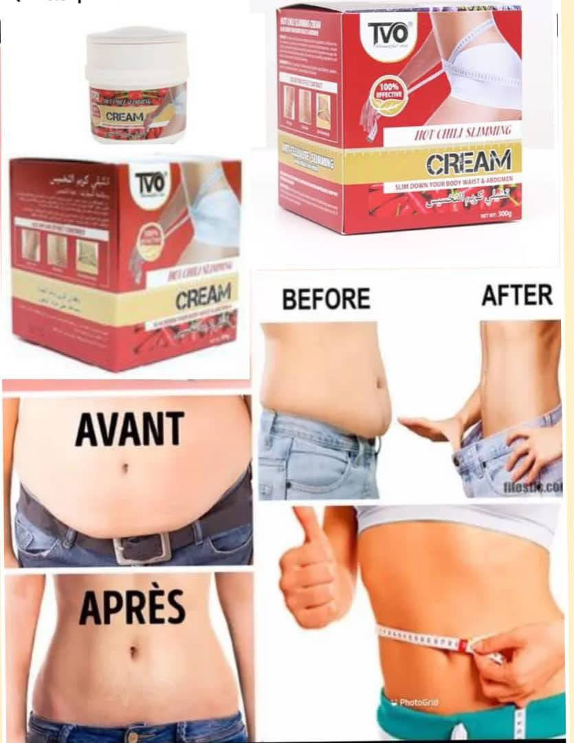 كريم "TVO Beautiful Skin Hot Chili Slimming Cream" (كريم التنحيف بالفلفل الحار).
يُستخدم هذا المنتج لتقليل الدهون في منطقة الخصر والبطن. 

تعتمد فكرة المنتج على استخدام مكونات مثل الفلفل الحار والزنجبيل لتحفيز حرق الدهون وزيادة تدفق الدم في المناطق المستهدفة. 

يمكن أن تشمل الآثار الجانبية المحتملة إحساسًا مؤقتًا بالحرارة أو الحكة أو الاحمرار. 

يُوصى عادةً باستخدام كريمات التنحيف مرتين يوميًا للحصول على أفضل النتائج، مع الاستمرار في الاستخدام لمدة تتراوح بين شهرين وثلاثة أشهر. 
الحجز خاص واتساب***********
