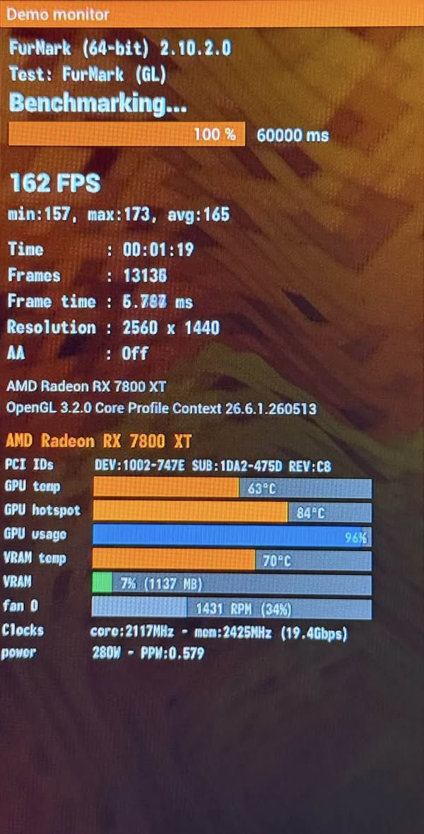 السلام عليكم
كـارت شاشة Rx7800xt Sapphire Pulse 16GB

استعمال 4 اشهر فترات متقطعة كارت نظيف وراقي وموضوح بالصور بنشمارك وفحص لأداء الكارت ع دقة الـ2k والـ4k برنامج furmark 

كامل ملحقات وياه سعره 675 الف وبي نهايته قفل 🔒 🔒 🔒 

"للعلم الكارت مو مجدد ولا مفتوح"

بغداد الاعظمية فرع مركز شرطة الاعظمية توصيل ماعندي

واتس***********

