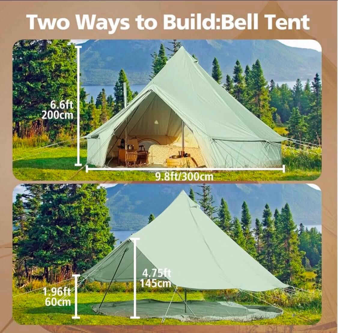 السلام عليكم للبيع خيمة جرس هرمية  (Bell Tent) من ماركة جلامكامب اللون اخضر فاتح 
تتميز بقماش قطني مقاوم للماء ومساحة تتسع لعدة أشخاص 
الميزات :فتحة مخصصة لمدخنة الموقد، ونوافذ شبكية للتهوية. 
القياس : قطر الخيمة  3 متر الارتفاع العلوي 200 سم، ارتفاع الجدار الجانبي 60 سم، ارتفاع الباب 150 سم. 
الوزن : 18 كيلو ونص 
المواد: خيمة الجرس هذه مصنوعة من قماش قطني مع طلاء بولي يوريثان بمعمل مقاوم للماء 3000 ملم  
صنعت الارضية من بلاستيك PVC يمكن تنظيفه بسهولة ومصممة لعزل الرطوبة بصورة ممتازة وتكون قابلة للفك بسحاب لتوفير التهوية وحسب الرغبة 
العمود المركزي مصنوع من أنابيب فولاذية 
خيمة لأربعة مواسم: خيمة جرس تدعم الموقد في الشتاء
فتحة موقد موضوعة على الجدار الجانبي تمنع تسرب المياه في الأيام الممطرة.
تواصل خاص او ***********
