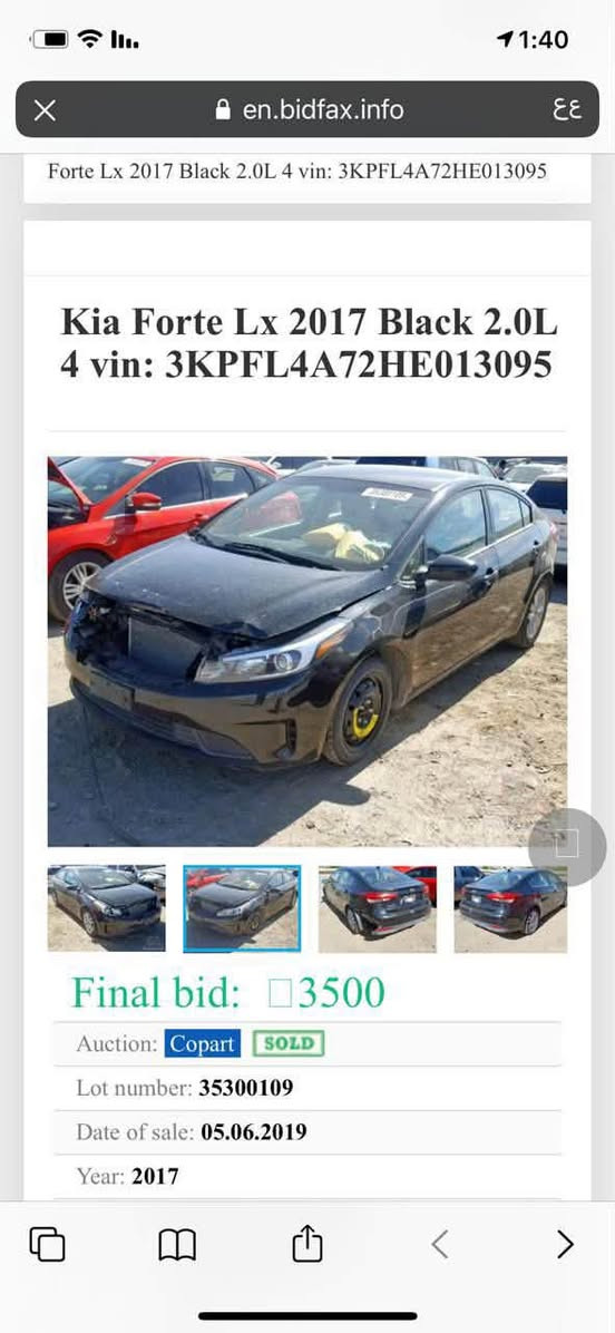 كيا فورتي موديل 2017، وارد أمريكي.
السعر 110 وبيه مجال
* محرك 2000 سي سي.
* ناقل حركة At.:
* كاميرا خلفية.
* شاشة داخلية.
* المحرك والكير مكفولان.
* السيارة ليبل واحد.
* بجم وجنطة كبس وكالة.
ملاحظة:
* حادث السيارة فقط خشم البنيد وما مصلح على حطتها يعني بدون شاصي ولا يرباك ولا مصلحه 
اللوحات رقم بغداد جديدة(إنكليزي).
التحويل خلال يوم واحد، والسيارة باسمي.
مكان السيارة بغداد الشعب
للاستفسار الاتصال على الرقم 

***********
