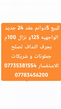 للبيع 5دوانم عقد 24 جديد  الواجهيه 125و نزال 100م بجرف النداف تصلح جمل...
