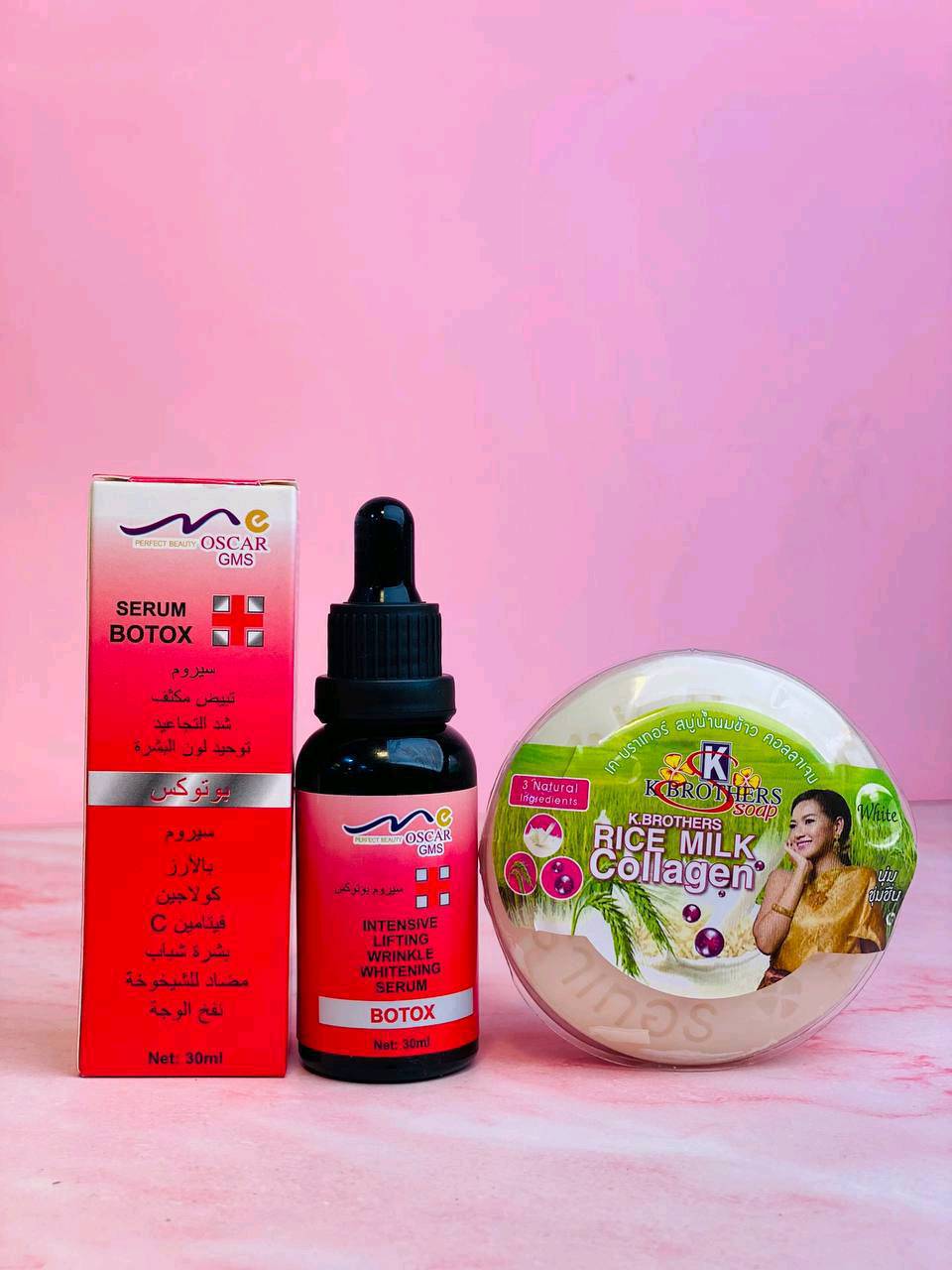 هذا العرض المميز يتضمن سيروم بوتوكس من Oscar GMS وصابون Rice Milk Collagen من K Brothers. يتميز السيروم بفعاليته في شد البشرة وتفتيحها، بينما يعمل الصابون على تغذية البشرة بالكولاجين الطبيعي لرطوبة ونعومة مثالية. تمتع ببشرة موحدة وخدود ممتلئة مع هذا الحل المتكامل للجمال الطبيعي.