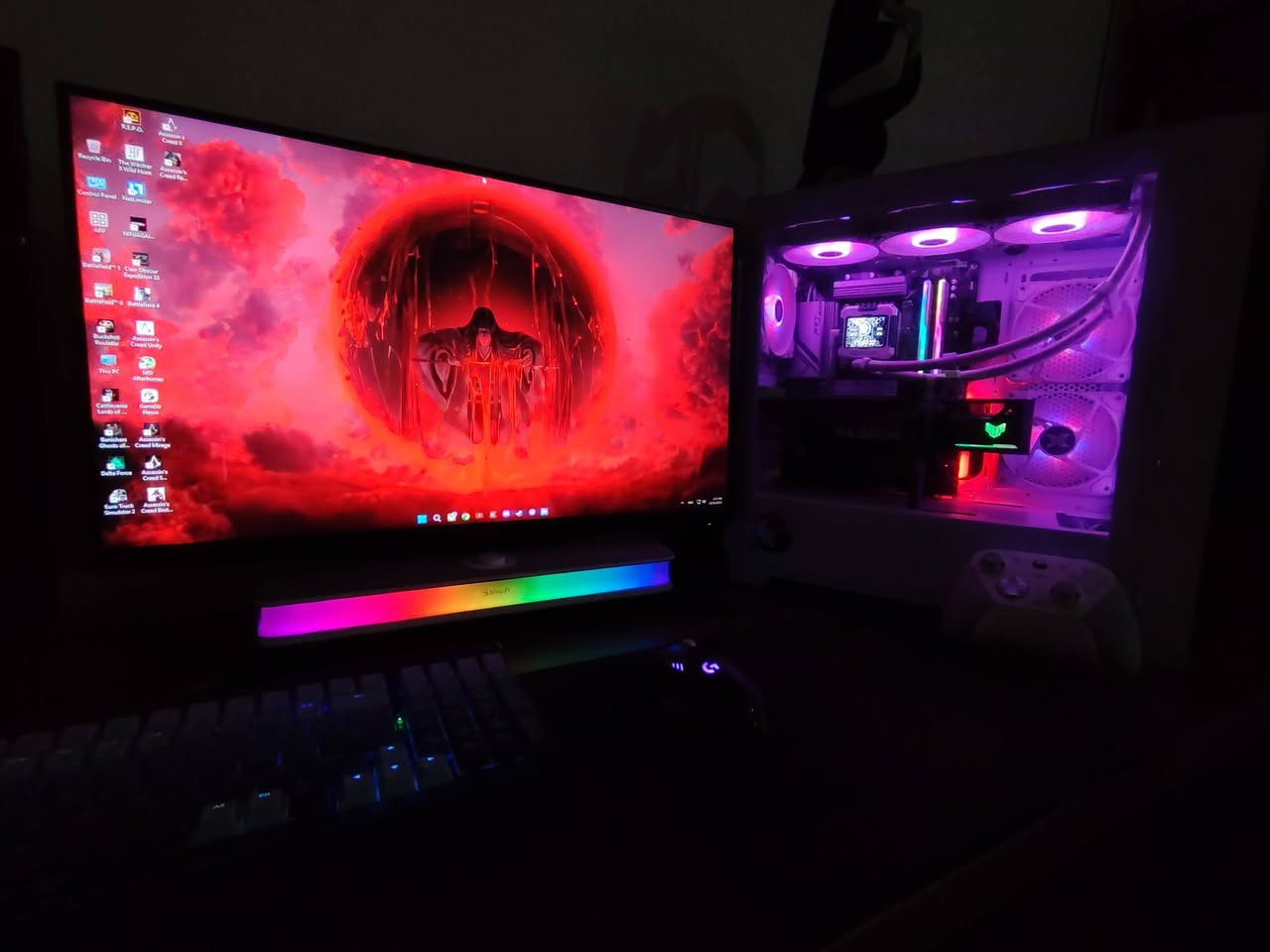 ‏i5 14th 14400f معالج
‏asrock p760 pro rs مذربورد 
‏rx 7800 xt  16 G_asus tuf كرت شاشه 
‏thermalright frozen warframe 360 مبرد 
‏g skill_32G  ddr5 6000 رامات 
‏deepcool 750w gold psu بور
‏SSD1_ M.2 WD 4X4 512 هارد
‏SSD2_PLACK WOLF M.2 4X4 1T هارد 
‏Asus tuf fan x3 ڤانات
‏Sama كيس عادي 

📺شاشه اسوس تف VG1A ..280 hz..حجم 27
..كرسي مكتبي
طاول مكتبي 10 جرارات 
ماوس لوجيتك 502 هيرو
كيبورد ريدراكون 
ستاند سماعه 
ساوند بار بلوودي 
سماعه كوراسير وايرلس 
Ups 1500 nexxt
جوستك كيم سير G7PRO وايرلس 
كل كراتين القطع موجود حته الجوستك والماوس والكيبورد 
شلع مليونين قفل
