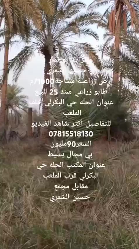 السلام عليكم قطعت ارض للبيع المساحه 1000 م طابو زراعي سند 25 موقع حله بكرلي خلف الملعب السعر 90
وقابل التفاوض  اليرغب مرجعت المكتب او الاتصال على الرقم التالي ***********
