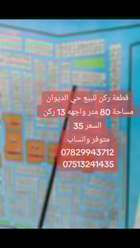 قطعة ركن للبيع حي الديوان مساحة 80 متر واجهه 13 ركن  السعر 35 متوفر وا...