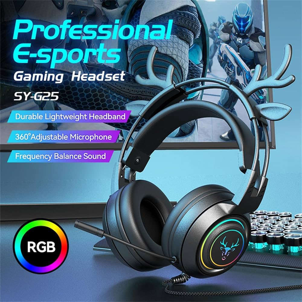🖤 سماعة SY-G25 باللون الأسود  
متوفرة بقرون غزال 🦌 أو آذان قطط 🐱 قابلة للفصل

✨ إضاءة RGB جذابة  
🔊 صوت ستيريو قوي مع Bass عميق  
🎤 مايك احترافي قابل للتعديل 360° مع عزل للضوضاء  
🎮 مناسبة للـ PC و PlayStation و Xbox والموبايل  
🔌 منفذ 3.5mm + USB للإضاءة

💺 مريحة للاستخدام الطويل  
🔥 تصميم فخم يطلع شكل الجيمينك عندك أسطوري

💰 السعر: 25 ألف فقط  
📞 للحجز والاستفسار: ***********
