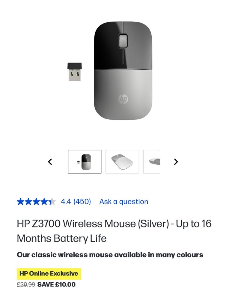ماوس HP Z3700 مكتبي صامت بدون اصوات النقر 

جديد غير مستخدم 
موجودة ويا قطعة الUSB
(يجي بدون علبة) 
سعره بالموقع الرسمي 30 باوند يعني 53 الف دينار 

السعر 40 الف
***********
