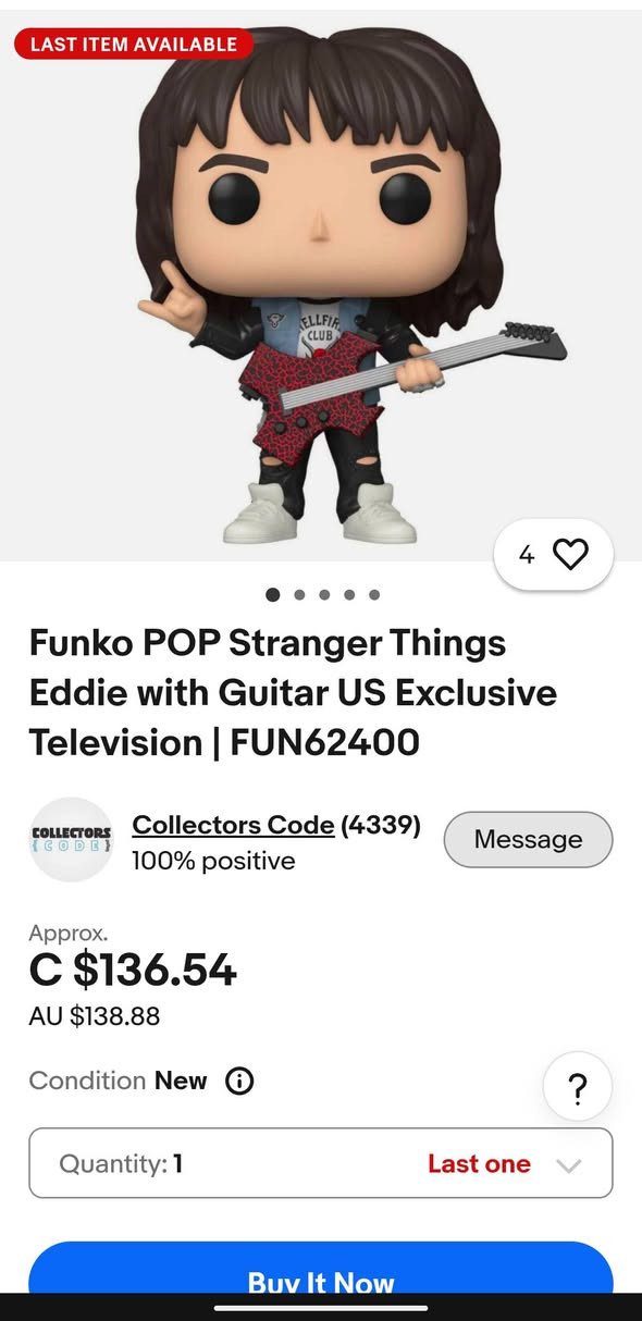 فانكو بوب لشخصية Eddie Munson
القطعة اصلية Made in Vietnam 🇻🇳

Open Box جديدة
Funko LLC حقوق شركة الأصلية

والسيريال نمبر كلة واضح كدامكم بالرجل
قيمو سعرة وبالعافية


**إذا كنت صاحب هذا الإعلان وتريد حذفه لأي سبب، رجاءا أرسل رسالة إلى الدعم الفني**
