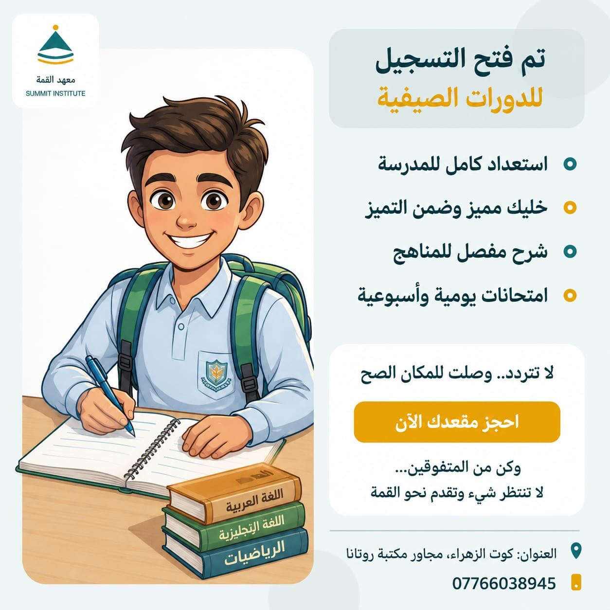 إعلان هام
فتح باب التسجيل للدورات الخصوصية للصف الثالث متوسط (لطلبة 2027والدور الثاني)

المواد والمدرسين:

الكيمياء: ألاستاذه زهراء ماجد 

الفيزياء: ألاستاذه رسل محمد ماجستير 

الرياضيات : الاستاذه زهراء ستار 

اللغة العربيه: الاستاذه ريتاج سعد ماجستير 

 الاحياء :ألاستاذه زهراء ماجد مشكور 

اللغه الإنجليزية: الاستاذه سهاد عباس 
نظام الدورات يشمل:

امتحانات يومية ✅

امتحانات نهاية كل فصل 📘

للتواصل والاستفسار:
📞 0776 603 8945

العنوان:
📍 الكوت – الزهراء – مجاور لمكتبة روتانا
