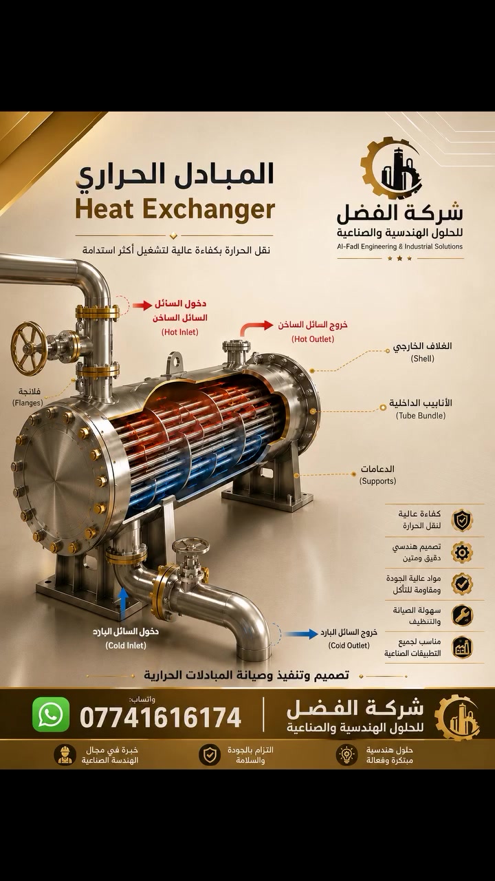♨️ المبادل الحراري (Heat Exchanger)
قلب عمليات نقل الحرارة في مختلف المنشآت الصناعية، ويُعد من أهم المعدات التي تضمن كفاءة التشغيل وتقليل استهلاك الطاقة.

في شركة الفضل للحلول الهندسية والصناعية نوفّر: ✅ تصميم هندسي احترافي حسب متطلبات المشروع.
✅ تصنيع وتنفيذ وفق أعلى المواصفات الفنية.
✅ صيانة وإعادة تأهيل لرفع كفاءة الأداء وإطالة عمر المعدة.
✅ حلول مخصصة لمعامل النفط، الأسفلت، الكيمياويات، والأغذية.

نلتزم بتقديم حلول هندسية تجمع بين الجودة، الكفاءة، والاعتمادية لضمان أفضل أداء لمشاريعكم.

📞 للتواصل عبر واتساب: ***********

شركة الفضل للحلول الهندسية والصناعية
من الفكرة... إلى التصميم... إلى التنفيذ.
