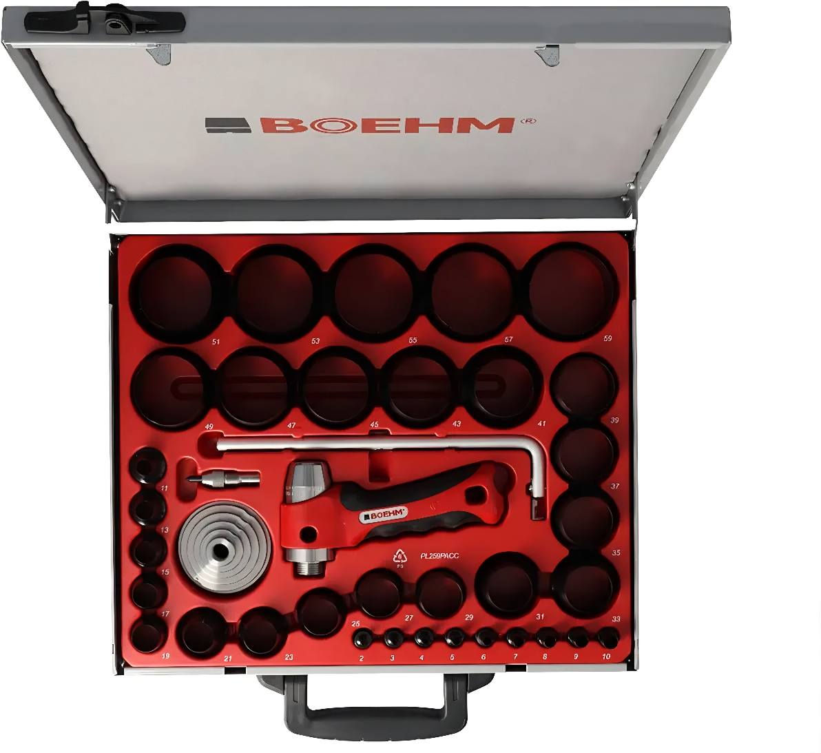 MODEL 1   /    BOEHM - JLB259PACC
MODEL 2   /    BOEHM - JLB260PACC
           [   Made in France  🇫🇷   ]
 ==========================
1ـ مجموعة مكونة من ( 34 ) مثقاب اسود مقوى قابل للتبديل والتركيب تستخدم لقطع الحاشيات أو الحبيبات أو الحلقات المعدنية والمطاط حتى قطر ( 59 مم ) ٠
 2ـ اسطوانة فضية تثبت عليها المثاقب السوداء بسهولة بالغة بفضل نظام التثبيت المريح ٠٠
ويمكن تثبيت اكثر من مثقاب معا لعمل حلقة ( واشر ) في عملية واحدة وكما موضح في الفيديو التعليمي ٠
3ـ اداة قطع اضافية على شكل حرف ( L ) حتى ( 420 مم ) ( 42 سم ) تحتوي على شفرة فولاذية حادة جدا لقطع دقيق وعالي الأداء ودبوس تمركز فولاذي وكما موضح في الصور المرفقة  ٠
4ـ قبضة حمراء برأس طرق فولاذي عالي الأداء ومريح وآمن ليطيل عمر الأداة، ونظامها الحاصل على براءة اختراع والذي يمتص الاهتزازات ويوفر راحة حقيقية للمستخدم ٠

المحتويات :-    (  42 قطعة  ) 
======================
1ـ ( 34 ) مثقاب اسود مقوى ٠ 
2ـ مقبض احمر برأس فولاذي ٠
3ـ اسطوانة فضية ٠
4ـ اداة قطع على شكل حرف ( L ) ٠
5ـ شفرة فولاذية ٠
6ـ دبوس تمركز فولاذي لتحديد مركز القطع بدقة والقابل للسحب والتمركز  ٠ 
7ـ صندوق معدني مطلي ٠
8ـ كارتون اصلي ٠
9ـ مفتاح ( ألينكي ) لاستبدال الشفرة بسرعة ٠
10ـ مسطرة قياس مطبوعة على العلبة لضبط قطر القطع ٠

يتضمن الموديل الاول ( الفردي ) :- 
مثاقب سوداء تبدأ من ( 2 - 59 ) ملم
02-03-04-05-06-07-08-09-10 )
11-13-15-17-19-21-23-25-27
29-31-33-35-37-39-41-43-45
ملم  ( 47-49-51-53-55-57-59 
مع كافة الملحقات الموضحة بالصورة تماما ٠٠٠

يتضمن الموديل الثاني ( الزوجي ) :- 
مثاقب سوداء تبدأ من ( 2 - 60 ) ملم
02-03-04-05-06-07-08-09-10 )
12-14-16-18-20-22-24-26-27
30-32-34-36-38-40-42-44-46
ملم  ( 60-58-56-54-52-50-48 
مع كافة الملحقات الموضحة بالصورة تماما ٠٠٠

الوزن  (  5.6 كجم  )
ألابعاد (  38x 33 x 5.5  ) سم

    متوفر (((( قطعة واحدة فقط ))))) ٠٠٠
                  استيراد خاص ٠

للتواصل على الهاتف أو ألواتساب حصراً ٠٠
         هـ   {  267 969 07702 }
    يتوفر توصيل لكافة المحافظات بغداد, العراق
