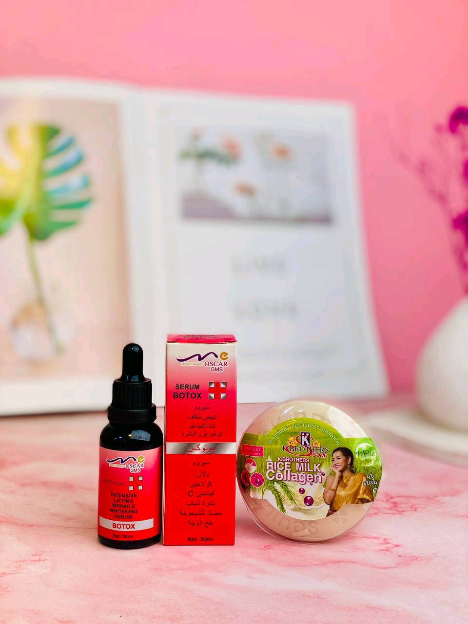 هذا العرض المميز يتضمن سيروم بوتوكس من Oscar GMS وصابون Rice Milk Collagen من K Brothers. يتميز السيروم بفعاليته في شد البشرة وتفتيحها، بينما يعمل الصابون على تغذية البشرة بالكولاجين الطبيعي لرطوبة ونعومة مثالية. تمتع ببشرة موحدة وخدود ممتلئة مع هذا الحل المتكامل للجمال الطبيعي.