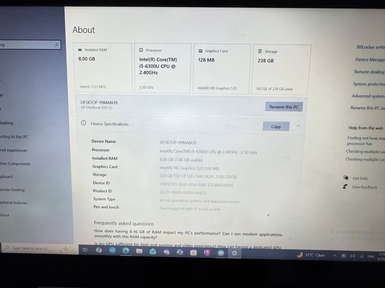 HP EliteBook 850 G3
* المعالج: Intel Core i5-6300U @ 2.40GHz
* الرام: 8GB DDR4
* التخزين: SSD حوالي 256GB (المتاح للنظام 238GB)
* كرت الشاشة: Intel HD Graphics 520
* النظام: 64-bit
* الشاشة: Touch Screen (10 نقاط لمس)
 السعر :مع كافه المحلقات 450


**إذا كنت صاحب هذا الإعلان وتريد حذفه لأي سبب، رجاءا أرسل رسالة إلى الدعم الفني**