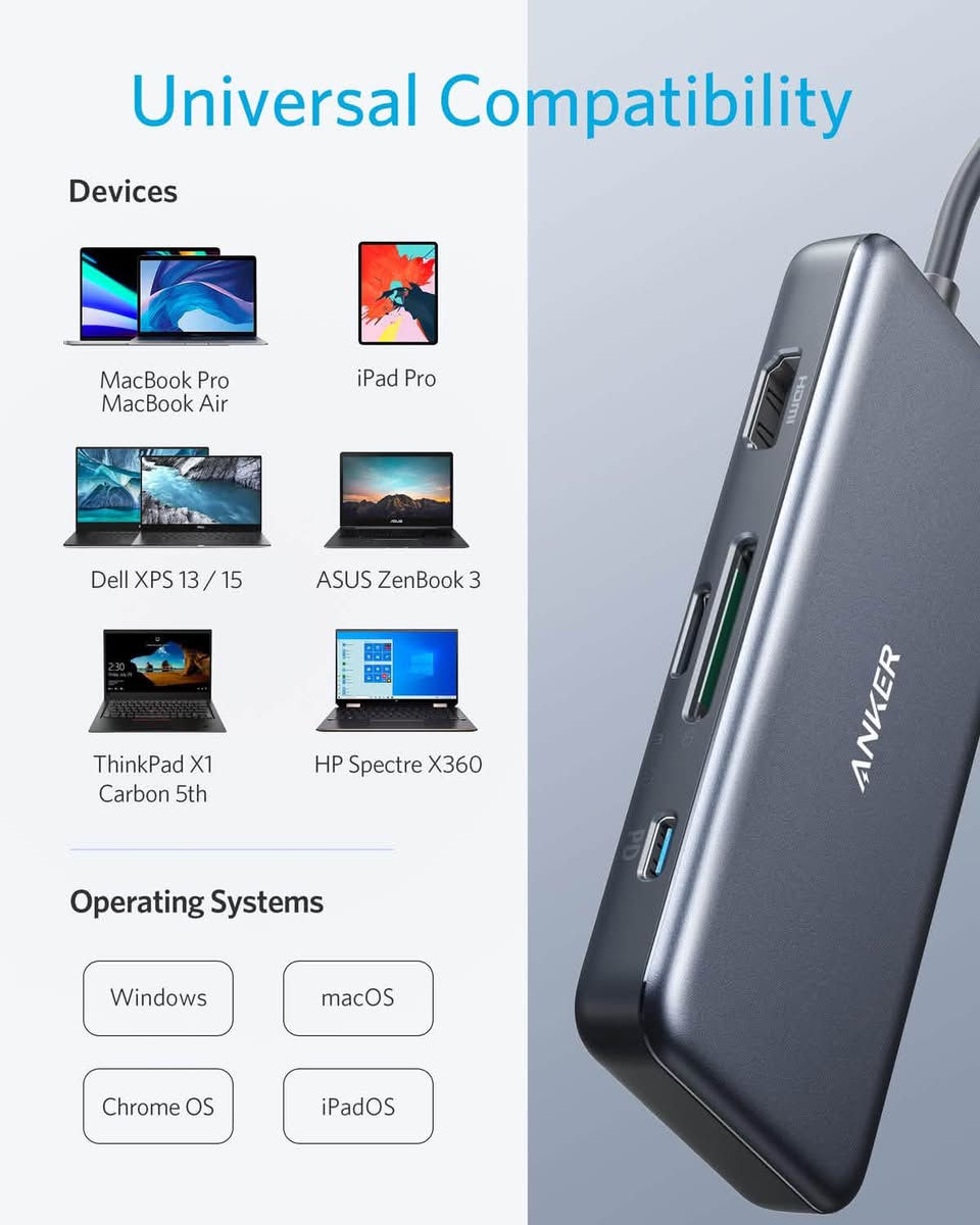 Anker A8346 USB-C Hub Premium 7-in-1
أهم المميزات
منفذ شحن USB-C PD: يدعم شحن طاقة ممررة (Pass-Through) تصل إلى 100 واط إدخال (يستهلك المحور 15 واط لتشغيله، ويضخ 85 واط صافية لشحن الحاسوب). تنبيه: هذا المنفذ مخصص للشحن فقط ولا يدعم نقل البيانات أو عرض الفيديو.
منفذ بيانات USB-C: مخصص لنقل الملفات بسرعة تصل إلى 5 جيجابت في الثانية.
منفذا بيانات USB-A 3.0: لدعم الملحقات التقليدية (الفأرة، لوحة المفاتيح، الفلاش ميموري) بسرعة نقل تصل إلى 5 جيجابت في الثانية.
منفذ HDMI: يدعم بث وعرض الفيديو بدقة تصل إلى 4K بمعدل تحديث 30 هرتز.
قارئ بطاقات ذاكرة مزدوج: يشمل فتحة لبطاقات SD القياسية وأخرى لبطاقات microSD، ويدعم سرعة نقل بيانات تصل إلى 104 ميجابايت/ثانية


**إذا كنت صاحب هذا الإعلان وتريد حذفه لأي سبب، رجاءا أرسل رسالة إلى الدعم الفني**