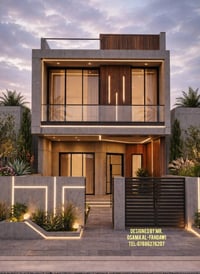 تصميم دار بمساحه 100m 5m×20m واجهة مودرن: فخامة الخرسانة ودفء الخشب ​ا...