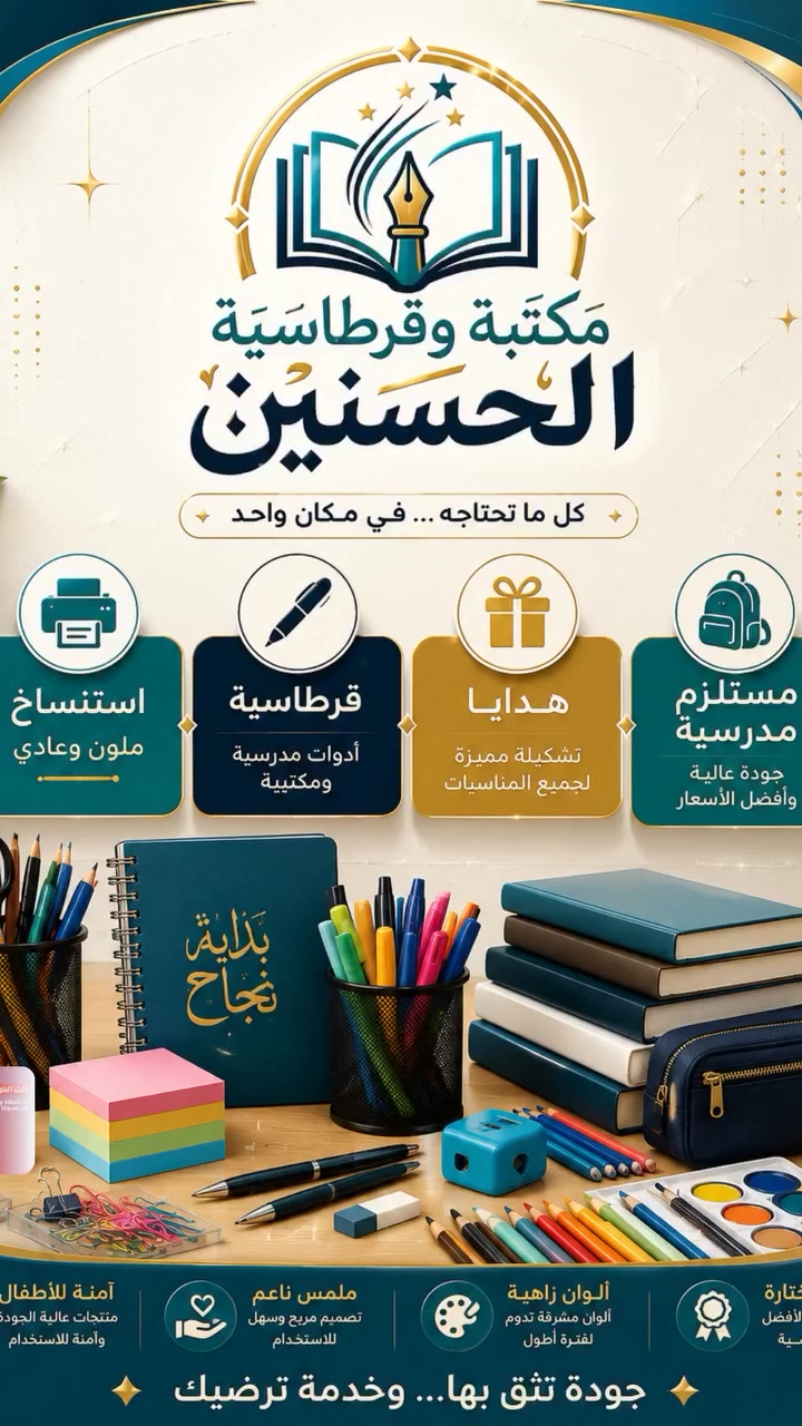 🎉✨ افتتاح قرطاسية الحسنين ✨🎉
بكل فرح نعلن عن افتتاح مشروعنا الجديد 📚✏️🖍️
نوفر لكم: 📖 دفاتر وقرطاسية مدرسية 🖊️ أقلام ومستلزمات مكتبية 🎨 أدوات رسم وتلوين 🎁 هدايا وإكسسوارات مميزة
أسعار مناسبة وجودة ممتازة وخدمة بكل محبة ❤️
نتشرف بزيارتكم ودعمكم لنا، ونعدكم بتوفير كل ما تحتاجونه في مكان واحد 🌷

📍 الموقع: (الكريعات/القصور) 
📞 للاستفسار: (***********)
أهلًا وسهلًا بالجميع 🌹
