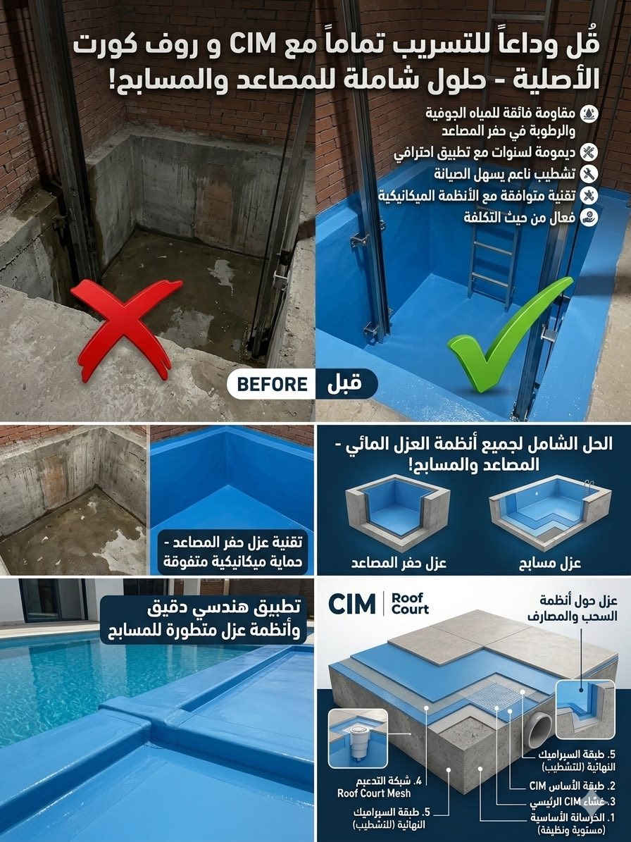 🛡️ الحل النهائي والأقوى لحماية منشأتك.. عزل الكونكريت الاحترافي! 🛡️
الخرسانة (الكونكريت) هي عصب أي بناء، لكن الرطوبة والمياه الجوفية والتسريبات هي العدو الخفي اللي يهدد متانتها ويسبب تآكل حديد التسليح بمرور الوقت.
سواء كنت تريد عزل حمامات، مسابح، حفر مصاعد، أو أسقف.. نحن نوفر لك الحماية المتكاملة بأحدث التقنيات الهندسية ومواد العزل العالمية (مثل أنظمة CIM و Roof Court الأصلية).***********)وتساب
