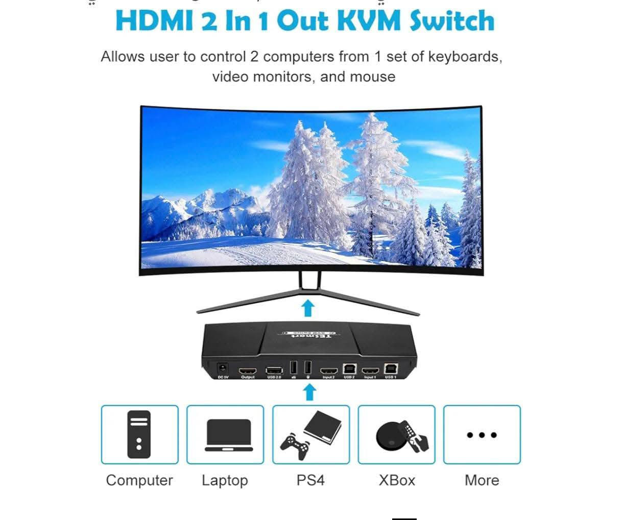 🚨 KVM Switch احترافي 2*1 🚨
✨ TESmart 2x1 KVM Switch
تحكم بـ 4 أجهزة كمبيوتر بشاشة وحدة + كيبورد وماوس 👌

✅ يدعم دقة 4K 30Hz
✅ تحويل سريع بين الأجهزة بزر واحد
✅ 2 مداخل HDMI
✅ 2 مداخل USB للتحكم
✅ مخرج HDMI للشاشة
✅ يدعم طابعة، فلاش، سكانر، سماعات
✅ مناسب للمكاتب، المحاسبين، السيرفرات، والمبرمجين

🔥 جديد و شرط الفحص 
متوفر توصيل لكافة المحافظات


**إذا كنت صاحب هذا الإعلان وتريد حذفه لأي سبب، رجاءا أرسل رسالة إلى الدعم الفني**