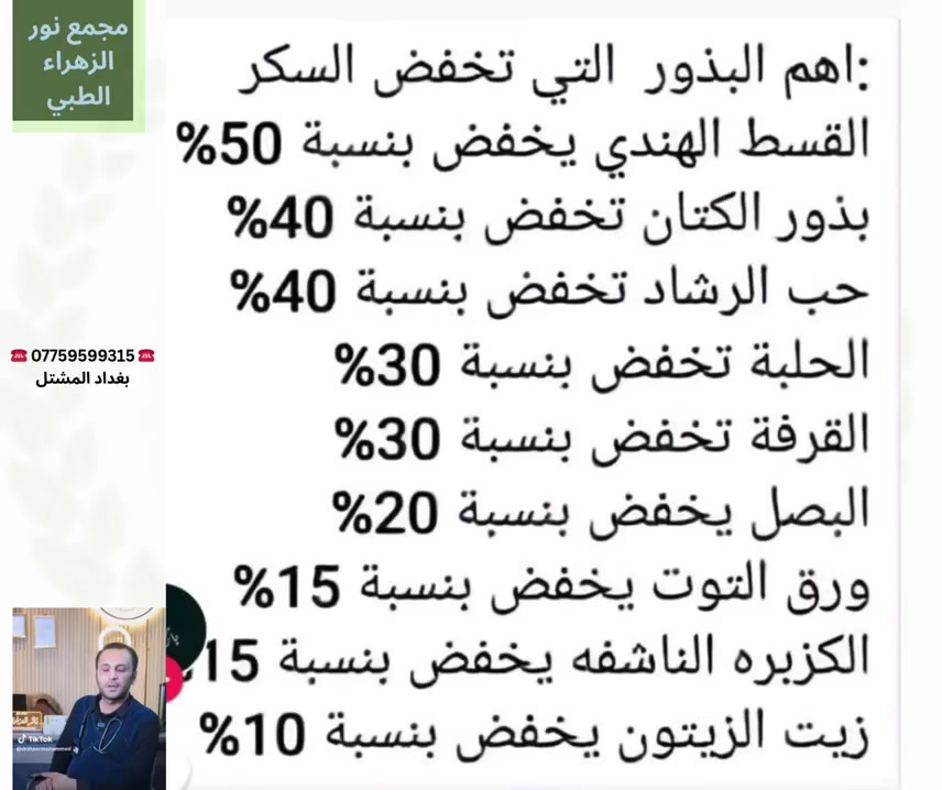 ❣مرضى السكري وصيام رمضان!!!!
💚اهم البذور التي تخفض السكر!!!
#السكري#صيام_رمضان
👩‍⚕️
صيدلية نور عبدالله الزلزلي
🔹️علما انه يوجد في المجمع🏨
️🧑‍🔬مختبر الدر للتحليلات المرضية والهرمونات👨🏼‍🔬
️🧑‍⚕️عيادة تمريضية لزرق الإبر وتداوي الجروح🧑🏼‍⚕️
                                       ➖️➖️➖️
#العنوان
📍-بغداد -المشتل - منتصف شارع المطبك - مقابل مصور طرابلس -مجاور صيدلية نور عبد الله الزلزلي 📍
                                      ➖️➖️➖️
للحجز والاستفسار يمكن الاتصال على الرقم
☎️ *********** ☎️
###هشاشة العظام #طب#جراحة_العظام_والكسور#"طب_وجراحة  #الفشل_الكلوي#تحاليل#الكلى#الكلوالقلبيية#طب النسائية_والتوليد#امراض#تمريض#مختبر#الكيرياتين#الزلال
@الجميع@الاشارة@المتابعين@المشتل@البلديات @شارع_المطبك@الفضيلية@العبيدي@بغدادالجديدة@اكسبلور@صحة@
الكل@امراض@العبيدي@حى_النصر
