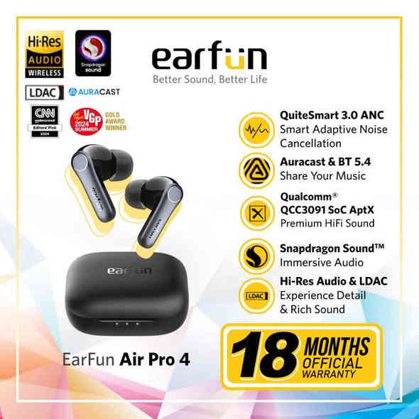 earfun air pro 4
bluetooth 5.4
full gmaing
Ultra an
snapdragoon sound
ئەپی تایبەتی خۆی هەی

نرخ :80,000 هەزار
( 0770 242 7331 whats app_viber)

تایبەتمەندیە سەرەکییەکان:
تیکنەلۆجیای Qualcomm® Adaptive Hybrid ANC: نوێترین جۆری سڕینەوەی دەنگی دەرەوە بە شێوازی ئەکتیڤ.

پشتیوانی لە Snapdragon Sound™ و aptX™ Lossless: بۆ ئەودیووی بەرز و هێندەکەر.

پشتیوانی لە LDAC و Hi-Res Audio + Qualcomm SoC: تاقیکردنەوەی ئەودیو بە کیفیتی HD بەرز.

6 میکروفۆن + cVc™ 8.0 ENC و زانیاری AI: بۆ قسەکردنی شفاف و بێ قەتا.

پشتیوانی لە Auracast™: بۆ هاوبەشی دەنگی نوێ و هاوبەشکردنی بێدەنگ.

ژمارەی کارکردن: ١١ کاتژمێر بە تەنیا + ٤١ کاتژمێر بە کیسەی شارژەوە = ٥٢ کاتژمێر.

پەیوەندی دوو دەرگا: بۆ گواستنەوەی ئاسان لەنێوان دوو ئامێر.

ڕیژەی یاری: خیرای گەیاندنی دەنگەکان بۆ یاری و ڤیدیۆ

دۆزینی گوێدان: خۆکارانە ئەودیو بگرە/وەستێنە و وەڵامی تیلیفۆن بدە.

ناو سندوقەکە دابین دەکات:
گوێزوانەکانی EarFun Air Pro 4

کیسەی شارژ

کێیبڵی USB-C

ڕێبەرنامەی بەکارهێنەر

گوێزوانە بە قەبارە (XS / S / M / L / XL)

۳عدد بەردەستە  بۆ داواکردن نامەبنێرن
***********
whats app_viber السليمانية
