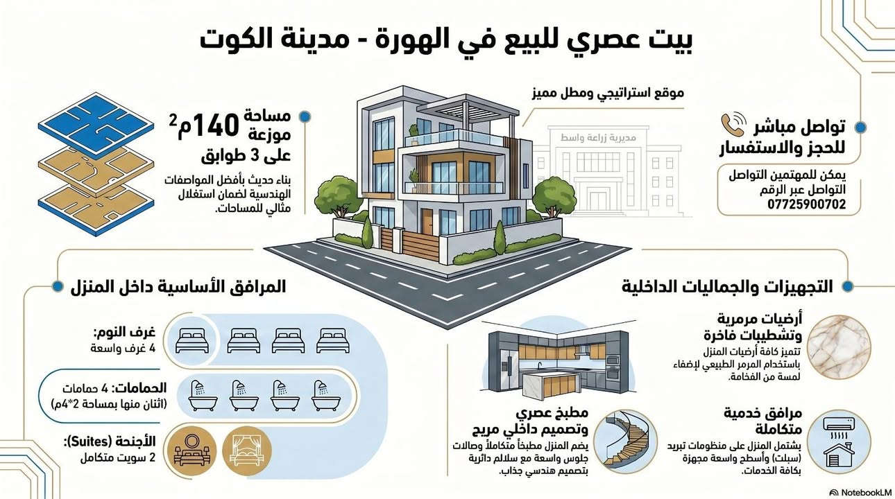 السلام عليكم

🏠 فرصة مميزة،  بيت في الهورة

بيت حديث البناء بموقع ممتاز خلف مديرية زراعة واسط وعلى شارع أبو عبير الرئيسي.

✅ المساحة 140 متر
✅ 3 طوابق
✅ 4 غرف نوم
✅ 2 سويت
✅ 4 حمامات
✅ تشطيب ممتاز وأرضيات مرمر
✅ تصميم عصري وسلّم دائري أنيق

البيت مرتب وجاهز للسكن، وموقعه قريب من جميع الخدمات . 

📞 للاستفسار :***********
