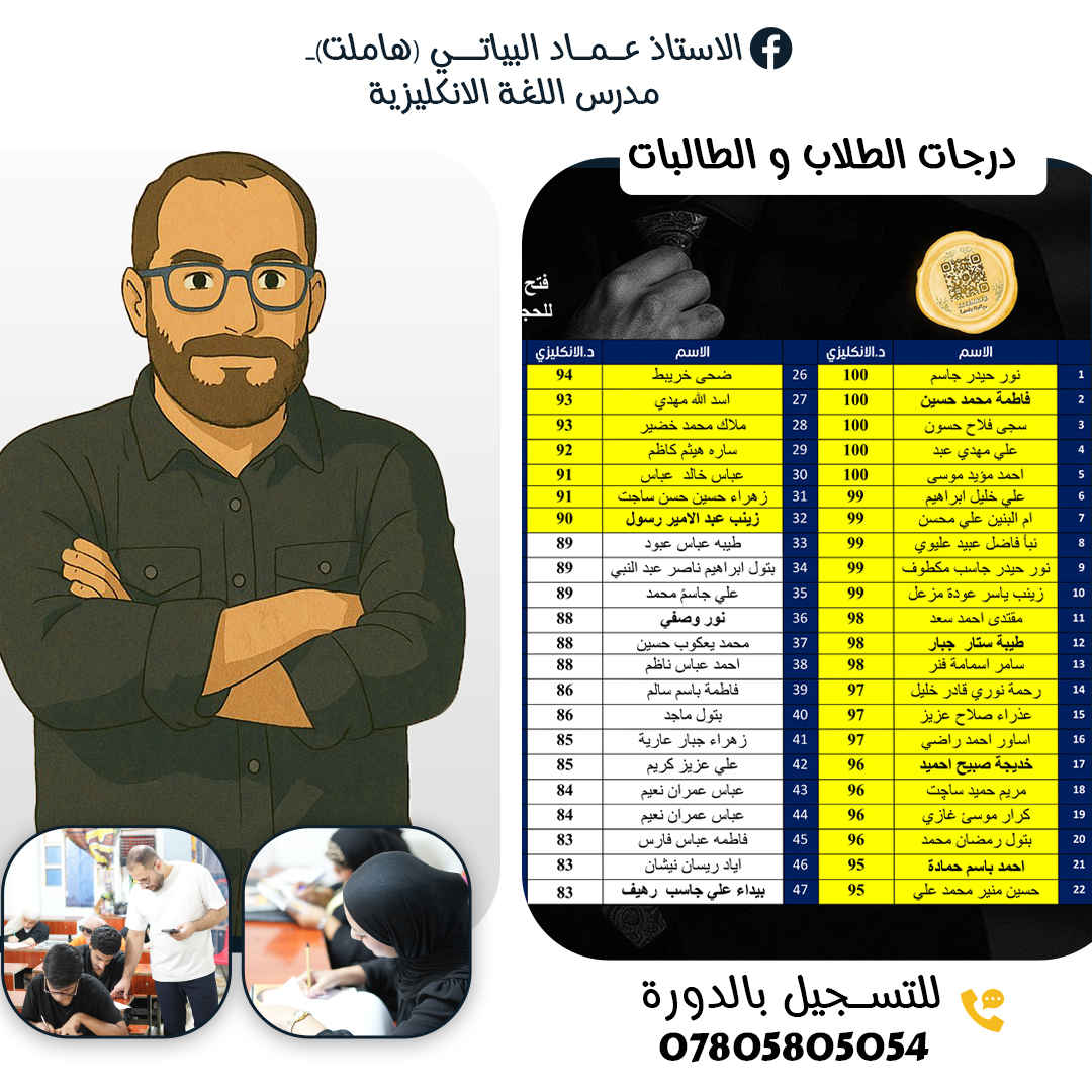مستقبلك ما راح يتغير اذا ما تبدي تشتغل عليه 
و الظروف هي اختبار من رب العالمين 
...............
اما تعيش متأخر و تنتظر الظروف 
او تصنع مستقبلك بنفسك 
......................
على بركة الله ... 

فتح باب  التسجيل في مادة اللغة الانكليزية لكل من السادس الاعدادي و الثالث متوسط الوزاري 

تبدأ المحاضرات يوم الجمعلة 5/29 
للتسجيل واتساب : ***********
