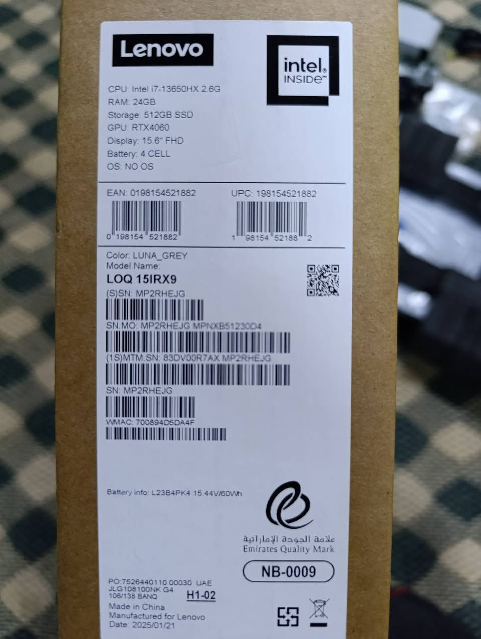 للبيع لابتوب LENOVO LOQ 🔴 اصدار 2025
كيمنك 
استخدام ايام فقط ⁉️ شرط جديد تجي تفحص عندي بالبيت
النظافة 100%100موضحة بالصور 👇👇
#ملاحظة اقوى جهاز بالتبريد ..وهاي الميزة تفتقدها باقي الاجهزة
يعني شغل و انسى جهاز يحمى 🌪️🌪️

1..المعالج (CPU) 📌Intel Core™ i7-13650HX 
(الجيل 13)، 14 نواة، 20 خيط
(كور i7)
( نوع المعالج HX) كيمنك 

2..الذاكرة العشوائية (RAM) 24GB📌 DDR5-4800، قابلة للزيادة حتى 32GB

3..التخزين (Storage) 512GB📌 SSD NVMe M.2 2242 PCIe 4.0
4..بطاقة الرسومات
 (GPU)NVIDIA GeForce 📌RTX™ 4060 8GB📌 GDDR6، Boost Clock 2370MHz (115W)

5..الشاشة (Display) 15.6 بوصة FHD (1920×1080) IPS، 300nits، مضادة للتوهج، 100% sRGB، 144Hz📌، G-SYNC

6..اللون رمادي قمري (Luna Grey)

7..لوحة المفاتيح إنجليزية وعربية، بإضاءة خلفية📌

8..نظام تشغيل ( Windows 11 ) مدى الحياة 
مكاني موصل ايسر 
#السعر.   مليون 450 قفل 👉 ماتعرف اسعارهم جيك و تعال 
للتواصل 
***********
***********
