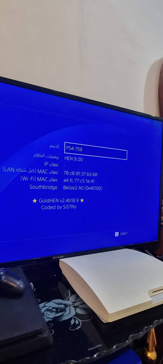 بلي 4 سلم مهكر نظام 9.00 افضل نظام 
مساحه 500GB جويستكات ثنين 
الجهاز نضيف جدا شبه الجديد لا مفتوح ولا مصلح نهائيا 
بي تقريبا 12 لعبه قويه والتهكيره مالته بدون فلاش يتفعل
عنوان بغداد الشعب للاتصال او واتساب ***********
