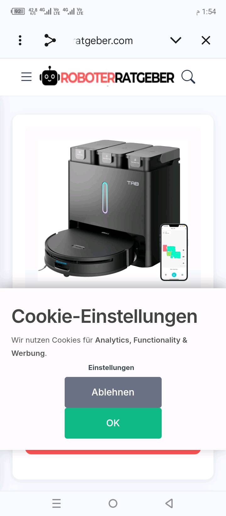 في الصورة جهاز هو عبارة عن مكنسة روبوت ذكية مع محطة إرساء (Docking Station)، ويبدو من العلامة التجارية الموضحة أنها تنتمي لسلسلة أجهزة TAB، وتحديداً موديل TAB Fairy 10.أبرز مواصفات المكنسة (TAB Fairy 10):الوظائف: تعمل كمكنسة كهربائية وممسحة للأرضيات في آن واحد.المحطة الذكية: تتضمن محطة الإرساء خزانين للمياه (خزان للمياه النظيفة وآخر للمياه المتسخة)، وتدعم خاصية غسل المماسح تلقائياً وتجفيفها بالهواء بعد الانتهاء من التنظيف.نظام الملاحة: تعتمد على تقنية LiDAR (الملاحة بالليزر) لرسم خرائط المنزل وتجنب العوائق بدقة.ميزات متقدمة:خاصية رفع الممسحة تلقائياً عند اكتشاف السجاد.تفريغ سعر 650الصناعه الماني