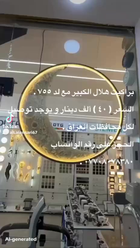 براكيت هلال الكبير مع لد ٧٥٥ .
السعر ( ٤٠ ) ألف دينار و يوجد توصيل لكل محافظات العراق .
الحجز على رقم الواتساب *********** .
التفاصيل :
١ - الأحجام : القطر ٦٠ سم .
٢ - القمر مرمر و الإطار بلاستيك .
