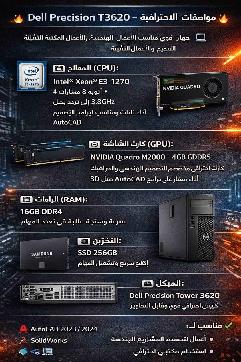 🔥 مواصفات حاسبة الاحترافية – Dell Precision T3620 🔥
💻 جهاز قوي مناسب للأعمال الهندسية، التصميم، والأعمال المكتبية الثقيلة
🧠 المعالج (CPU):
Intel® Xeon® E3-1270
4 أنوية – 8 مسارات
تردد يصل إلى 3.8GHz
أداء ثابت ومناسب لبرامج التصميم مثل AutoCAD
🎮 كارت الشاشة (GPU):
NVIDIA Quadro M2000 – 4GB GDDR5
كارت احترافي مخصص للتصميم الهندسي والجرافيك
أداء ممتاز على برامج AutoCAD و 3D
⚡ الرامات (RAM):
16GB DDR4
سرعة واستجابة عالية في تعدد المهام
💾 التخزين:
SSD 256GB
إقلاع سريع للنظام وتشغيل البرامج بكفاءة
🖥 الهيكل:
Dell Precision Tower 3620
كيس احترافي قوي وقابل للتطوير
🔌 المخارج:
DisplayPort (مخارج احترافية عالية الدقة)
✅ مناسب لـ:
AutoCAD 2023 / 2024
SolidWorks
أعمال التصميم والمشاريع الهندسية
استخدام مكتبي احترافي

السعر 600 الف جوه سعر الاسواق
للاستفسار ***********
