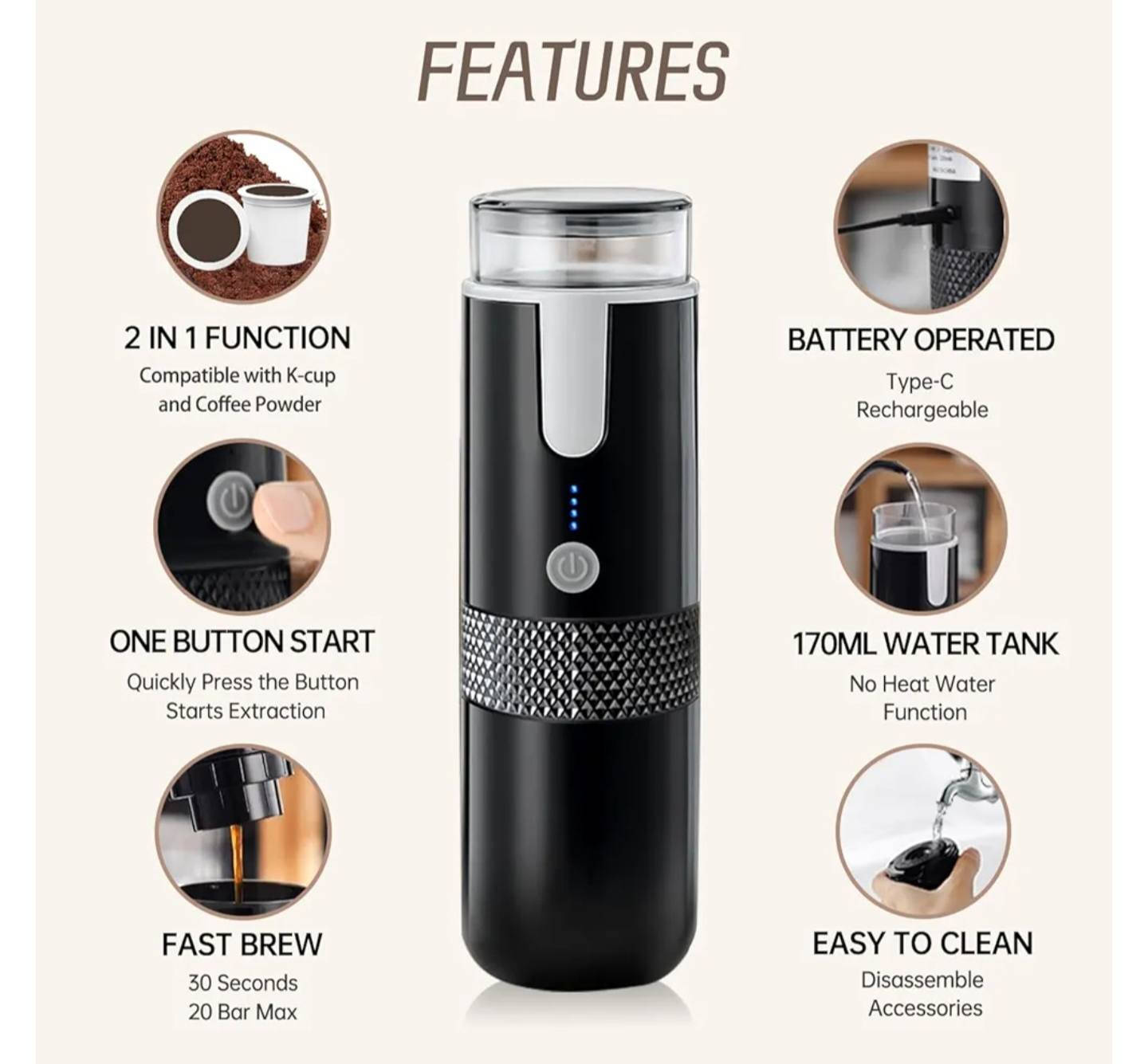 هذه ماكينة قهوة محمولة تعمل بالشحن. إليك أبرز مواصفاتها: 
الوظيفة: تحضير الإسبريسو باستخدام كبسولات القهوة أو القهوة المطحونة (2 في 1).
سعة خزان المياه: تصل إلى 80 مل.
المميزات: حجم صغير ومناسب للسفر والرحلات الخارجية.
طريقة التشغيل: تعمل بضغط زر واحد مع مؤشرات لإظهار مستوى الطاقة. بغداد, العراق


**إذا كنت صاحب هذا الإعلان وتريد حذفه لأي سبب، رجاءا أرسل رسالة إلى الدعم الفني**