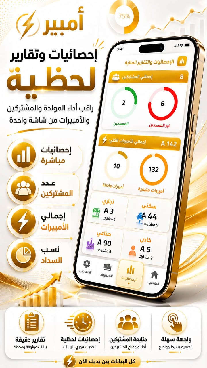إلى أصحاب المولدات الأهلية: دفتر الديون انترس؟ وحساب الواردات والصيانة ضاعت عليك؟
وداعاً للطرق القديمة وهوسة السجلات. وفرنا لك نظام امبير  يخليك تدير شغلك وأنت مرتاح ببيتك، وتتابع كل شاردة وواردة بموبايلك.

من خلال امبير راح تكدر:
1-تضبط الاشتراكات وتعرف منو دفع ومنو مطلوب بثانية وحدة.

2-تحسب الأرباح الصافية وديون المشتركين القديمة المتراكمة 

3-تطبع وصولات حرارية أنيقة مستحيل تتزور للمشتركين وتوثق كل المبالغ و امكانية مشاركة الوصولات عبر الواتساب . 

4-تحمي بياناتك وحلالك من الضياع أو التلاعب مع تقارير شاملة.

5-نضام مشغلين متكامل يخليك تضيف مشغلين بمولدتك و تعتمد عليهم حتى بجمع الاشتراكات  

6-نظام تصفية مشغلين يخليك تعرف كل مشغل كم استلم من المبالغ و كم وصل طبع 

7-النظام يفصل بين المشتركين حسب نوع الاشتراك (سكني - صناعي - تجاري - خاص) 

7- سجل مصاريف متكامل يسجلك كل شي تصرفه بالمولدة (كاز - صيانة - رواتب - وغيرها ) 

## النظام يعمل على اجهزة الاندرويد فقط 

📲 للحجز أو تجربة النظام، راسلنا على رسائل الصفحة او اتصل بينا عبر الواتساب: ***********
