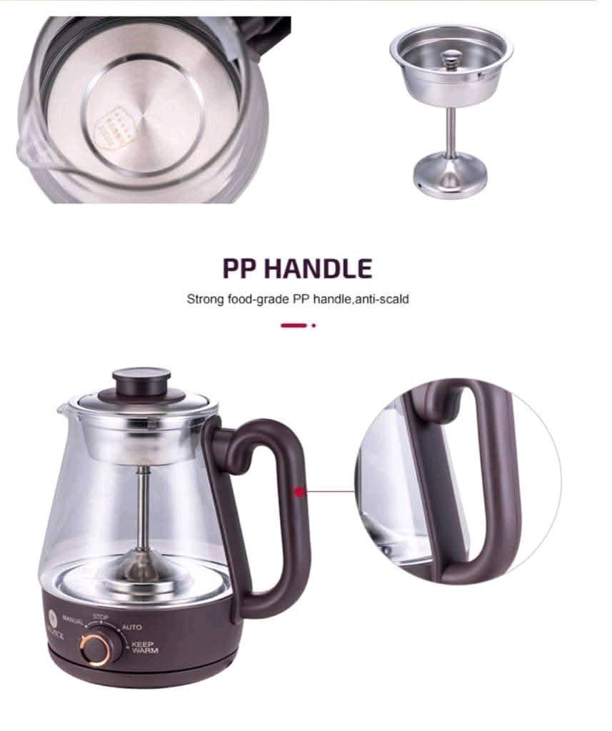 ماكينة شاي PowerMaxX3 مع سعة 1 لتر، تعمل بقدرة 600 واط، مزودة بوضعيتين للتحضير اليدوي والآلي. مصنوعة من زجاج سميك وفولاذ مقاوم للصدأ بدرجة مخصصة للطعام. مزودة بخاصية الحفاظ على السخونة، مثالية لتحضير الشاي بنكهات مختلفة. تأتي بلونين: البني والأخضر، مع مقبض بلاستيك مقاوم للحرارة.