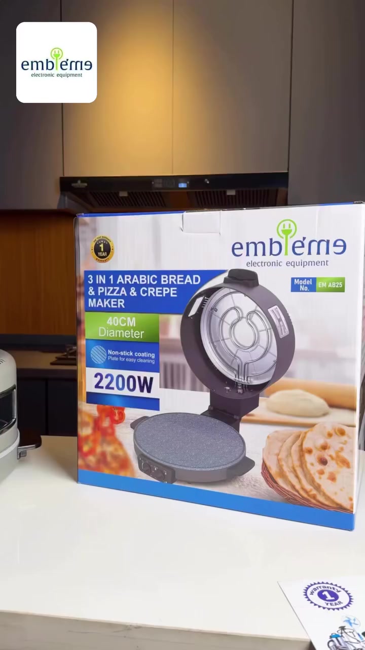 خبازة كهربائية ماركة امبليوم  Embleme 

يوجد توصيل لجميع محافظات العراق 🇮🇶
للحجز ولاستفسار راسلونه على الخاص او الاتصال بالرقم
***********

✅كل منتجات شركة امبليوم عليها ضمان سنة من تاريخ الشراء بعد السنة يوجد صيانة باسعار رمزية 

✅تقدم شركة امبليوم منتجات بكوالتي عالي جدا ودعم عملاء مستمر بعد البيع صيانة وقطع غيار لكل الأجهزة 

خبازة ماركة امبليوم مع ضمان  مع ملحقات كاملة  جامات جانبية  اضاءه داخلية

صانعة الخبز العربي والبيتزا والكريب من ماركة امبليوم (Embleme). 
القوة: 2200 واط.
القطر: 40 سم.

المميزات: تحتوي على لوح طهي غير لاصق، تحكم كامل في درجة الحرارة والوقت، وإضاءة داخلية.
الاستخدام: مناسبة لخبز كافة أنواع المعجنات والبيتزا وتسخين الطعام.
