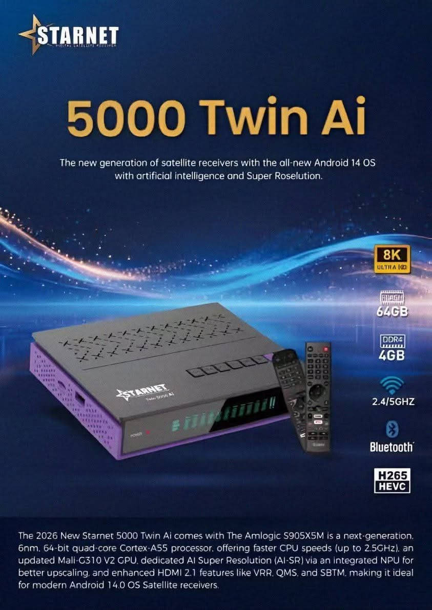 📡✨ متوفر الآن لدى معرض النرجس للستلايت ✨📡
وصل وبقوة… الجهاز اللي قلب الموازين 🔥⚡
إبداع جديد من Star Net 🚀
حصرياً وقبل الكل 👑
🔥 Star Net Twin 5000 – 4EVER Edition 🔥
أحدث وأقوى إصدار فوريفر بمواصفات جبّارة تخليك بمرحلة ثانية من الأداء 🌍💎
فخامة تصنيع + قوة معالجة + ثبات أسطوري 🪐
━━━━━━━━━━━━━━━━━━
🧠 القوة تبدأ من الداخل
⚡ المعالج: Amlogic S905X5
🔹 4× ARM Cortex-A55 @ 2.8GHz
🔹 GPU Mali-G310 بسرعة 1000MHz
🔹 تقنية AI Upscaling لتحسين جودة الصورة
🔹 Neural Rendering لعرض أذكى وأنقى
━━━━━━━━━━━━━━━━━━
💾 الذاكرة والأداء
✔️ RAM 4GB LPDDR4
✔️ تخزين داخلي 64GB eMMC
✔️ دعم كارت ميموري عالي السرعة
✔️ Boost للألعاب + نظام QMS لثبات الصورة
━━━━━━━━━━━━━━━━━━
📺 الصورة والصوت
🎥 تشغيل 8K / 4K UHD / 10-Bit
🔊 صوت Dolby Audio نقي وواضح
📡 تشغيل قناتين بنفس الوقت (PIP)
📊 ذاكرة تحفظ أكثر من 20,000 قناة
━━━━━━━━━━━━━━━━━━
🌐 الاتصال والتقنيات
📶 Wi-Fi ثنائي 2.4GHz / 5GHz
🔵 Bluetooth 6.0
⚡ HDMI 2.1
🔌 LAN سرعة عالية وثبات قوي
🛰️ Tuner S2X Multi-Stream
━━━━━━━━━━━━━━━━━━
🎮 التحكم والراحة
🎙️ أوامر صوتية ذكية
🕹️ عدد 2 ريموت بلوتوث احترافي
📺 شاشة ديجيتال لعرض اسم القناة
━━━━━━━━━━━━━━━━━━
📂 الصيغ والتطبيقات
✔️ دعم m3u / m3u8
✔️ تشغيل التطبيقات مثل Netflix – YouTube – Facebook
━━━━━━━━━━━━━━━━━━
🎁 الاشتراكات المرفقة 🔥
📡 الشيرينج
✔️ Forever Max – 24 شهر
✔️ Jossat Bundle – مفتوح
📺 IPTV (3 سنوات لعدة باقات)
Nova – Marvel – X – Mega – Dragon – Maven – Balance – Cobra – Joy – Cute
🔊 الصوتيات
✔️ Forever – 24 شهر
✔️ Jossat / Zoom – مفتوح
✔️ Nova – مجاني
💬 الترجمات
✔️ Forever – 24 شهر
✔️ Jossat – مدى الحياة
━━━━━━━━━━━━━━━━━━
📦 محتويات العلبة
🎮 2 ريموت بلوتوث صوتي
🖱️ ماوس وايرلس هدية 🎁
🔌 وصلة HDMI 4K
⚡ أدابتور 12V
🔋 بطاريات
━━━━━━━━━━━━━━━━━━
🔥 جهاز يجمع الأداء + القوة + الثبات في قطعة وحدة 🔥
📦 توصيل متوفر إلى جميع محافظات العراق 🇮🇶
📲 للحجز والاستفسار حصراً عبر الخاص أو الاتصال على الرقم المتوفر لديكم 📞

https://wa.me/7712524420


**إذا كنت صاحب هذا الإعلان وتريد حذفه لأي سبب، رجاءا أرسل رسالة إلى الدعم الفني**