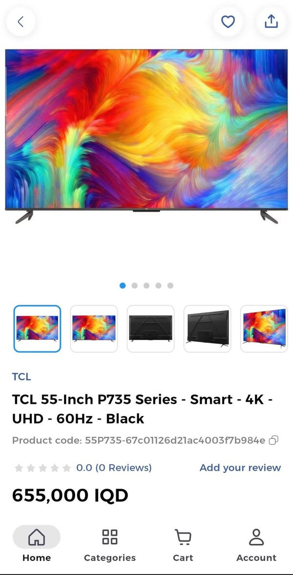 السلام عليكم ورحمة الله وبركاته 
تلفزيون نوع TCL قياس 55 انج سمارت اندرويد 4K مستعمل اخو الجديد نظيف جدا جدا سعرة بموقع الريان 655 الف كما موضح بالصور اريد ب500 الف مكاني حي الجهاد 
للتواصل على الرقم ***********
