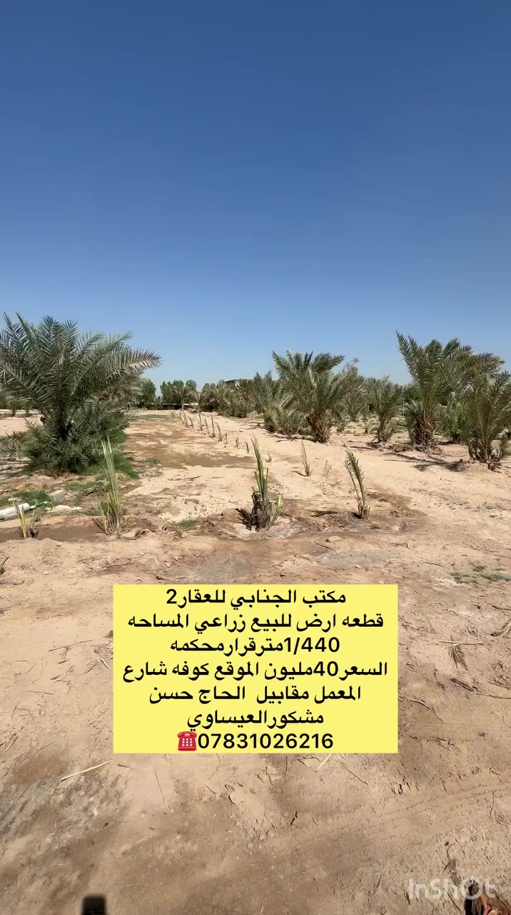((🧿اللهم صلي على  محمدوآل محمد🧿)) 

((👈#مكتب_الجنابي_للعقار2 👉)) 

🔆🔅قطعه للــــــبيع ⚜️ 
زراعيه 

🔅المساحه 1440متر

العنــــوان ⚜️ النجف الاشرف كوفه شارع المعمل مقابيل الحاج حسن مشكور تبعد عن الشارع العام 100متر🔆  

الــتـــفـــــاصـيــــل  

شارع 15متر

ماءاساله كهرباء وطني تتوفر كافه الخدمات 

منطقه راقيه جدا وخاصه بالزراعه 

🔅#السعر40مليون ✅بي مجال للشراي الجاد 

💵💵 ملاحظة (((توجد كافت المساحت والقطع  والدور 
السكنيه بيع وشراء الدوانم والبساتين )))

⚜️⚜️⚜️⚜️⚜️⚜️⚜️        ((#للاستفســارمكتب_الجنابي_للعقار2))عنــوان المكتب: شارع المطارالسايدين الجديد مجاور اسواق ريحانه  للاستفسار اتصال على الرقم.🟡🟡📞📞***********  ☎️🔆📞 يوجد تطبيق واتساب 📞📞
